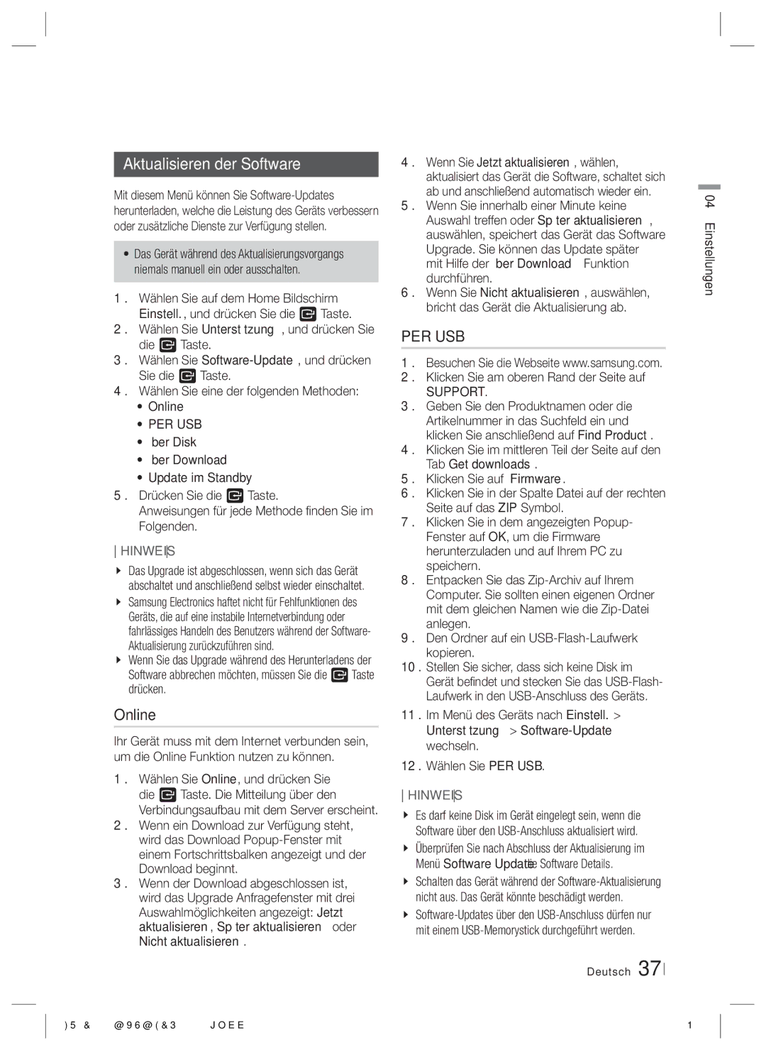 Samsung HT-E6500/EN, HT-E6500/XN Aktualisieren der Software, Per Usb, Mit Hilfe der Über Download Funktion durchführen 