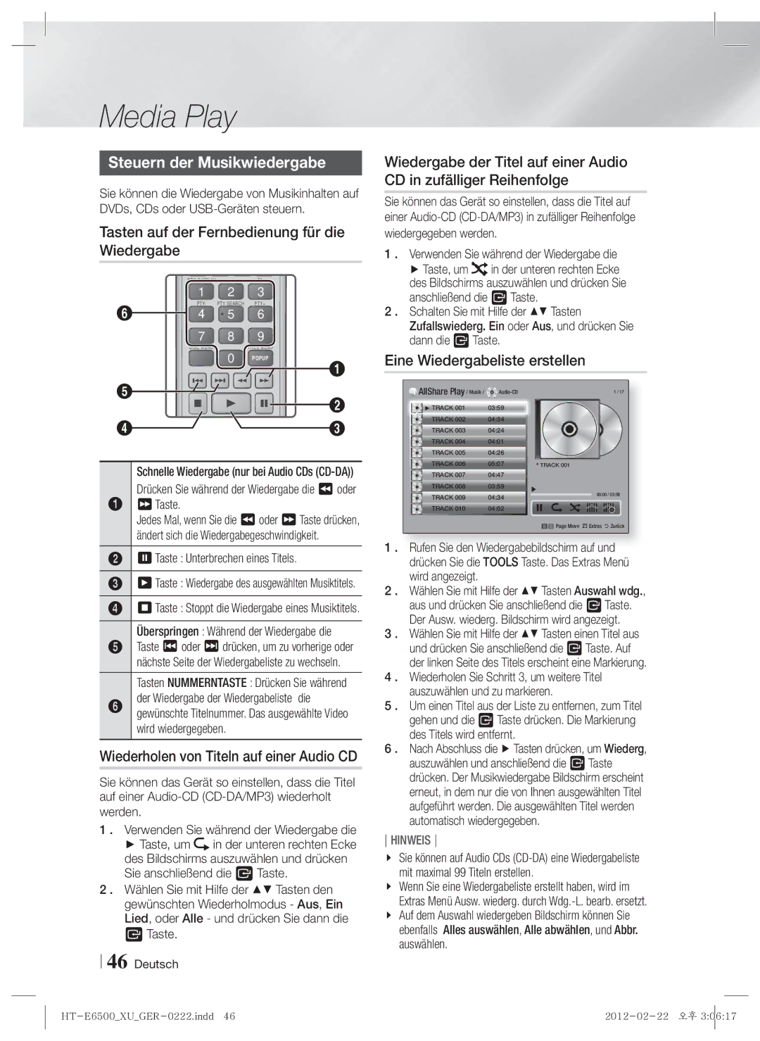 Samsung HT-E6500/XN, HT-E6500/EN manual Steuern der Musikwiedergabe, Tasten auf der Fernbedienung für die Wiedergabe 