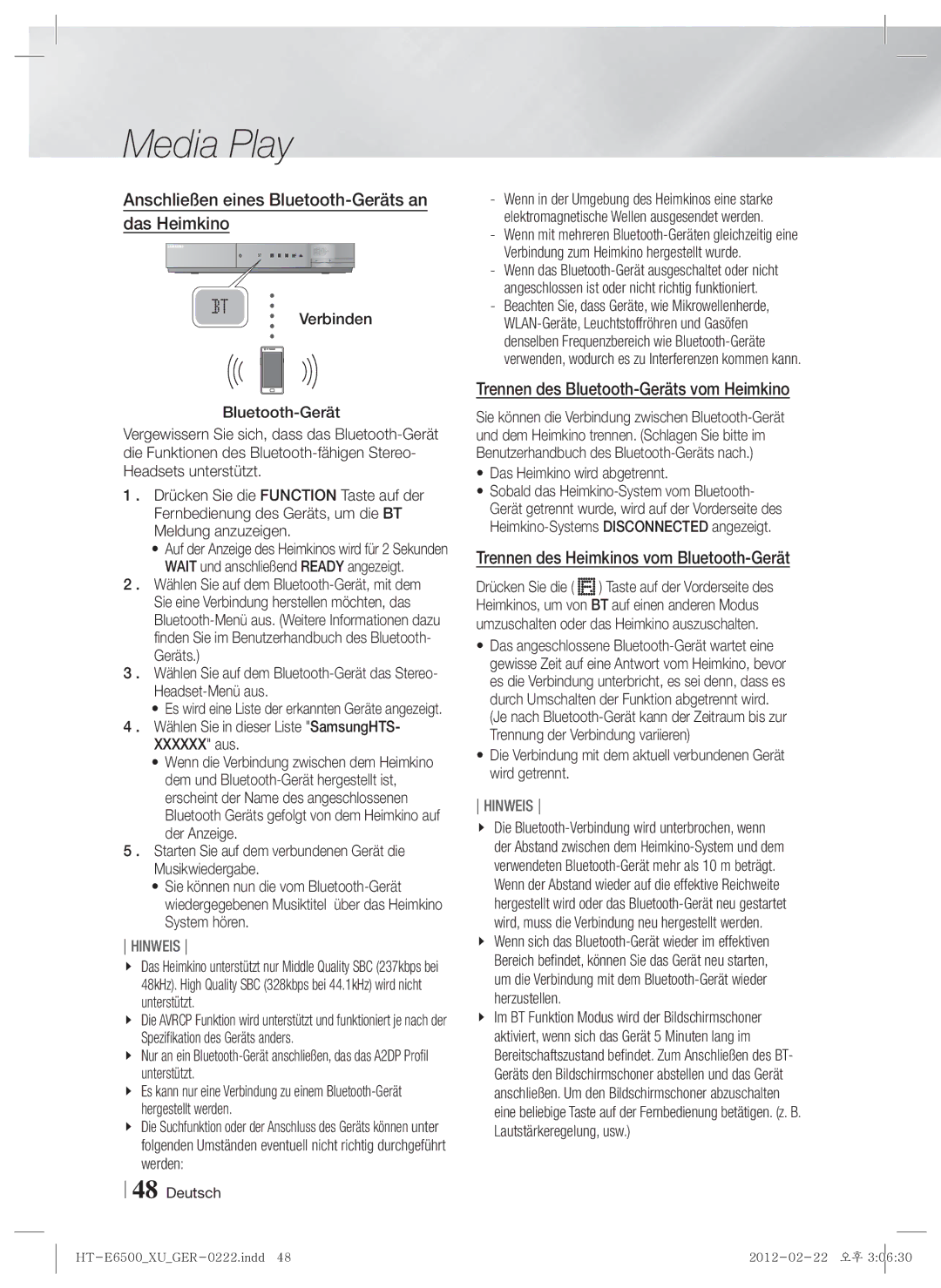 Samsung HT-E6500/XN manual Anschließen eines Bluetooth-Geräts an das Heimkino, Trennen des Bluetooth-Geräts vom Heimkino 