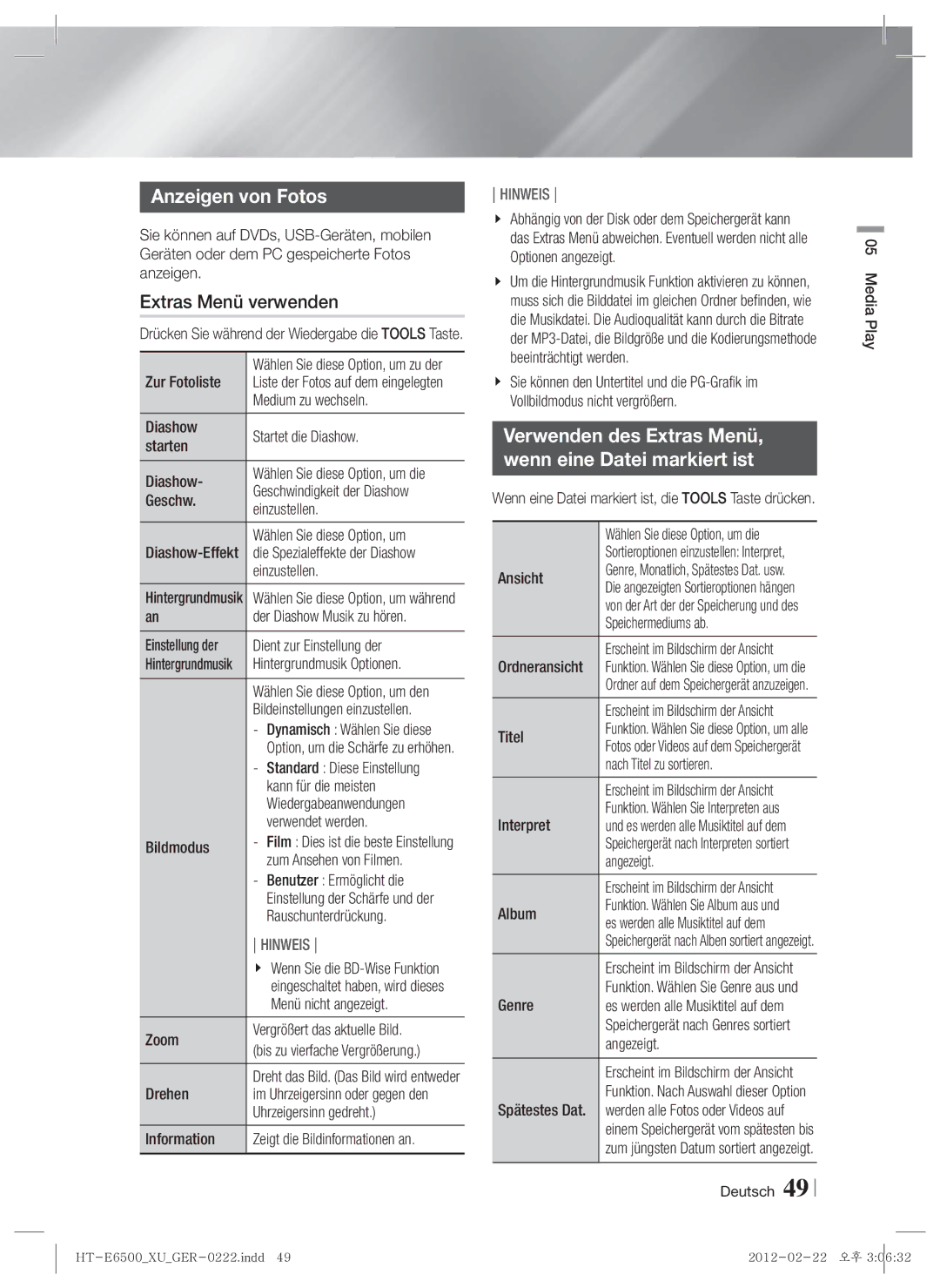 Samsung HT-E6500/EN, HT-E6500/XN manual Anzeigen von Fotos, Verwenden des Extras Menü Wenn eine Datei markiert ist 