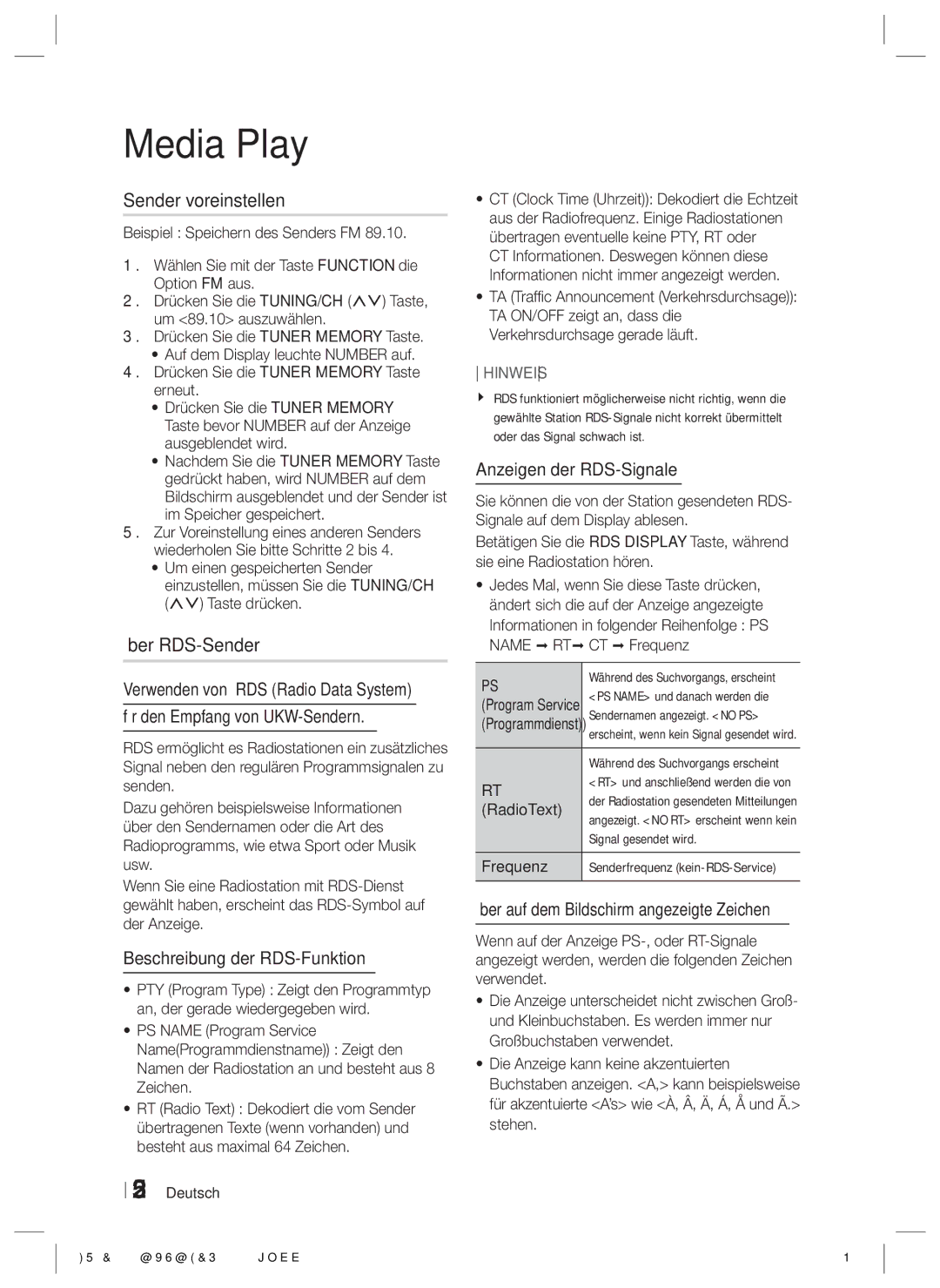 Samsung HT-E6500/XN manual Sender voreinstellen, Über RDS-Sender, Beschreibung der RDS-Funktion, Anzeigen der RDS-Signale 