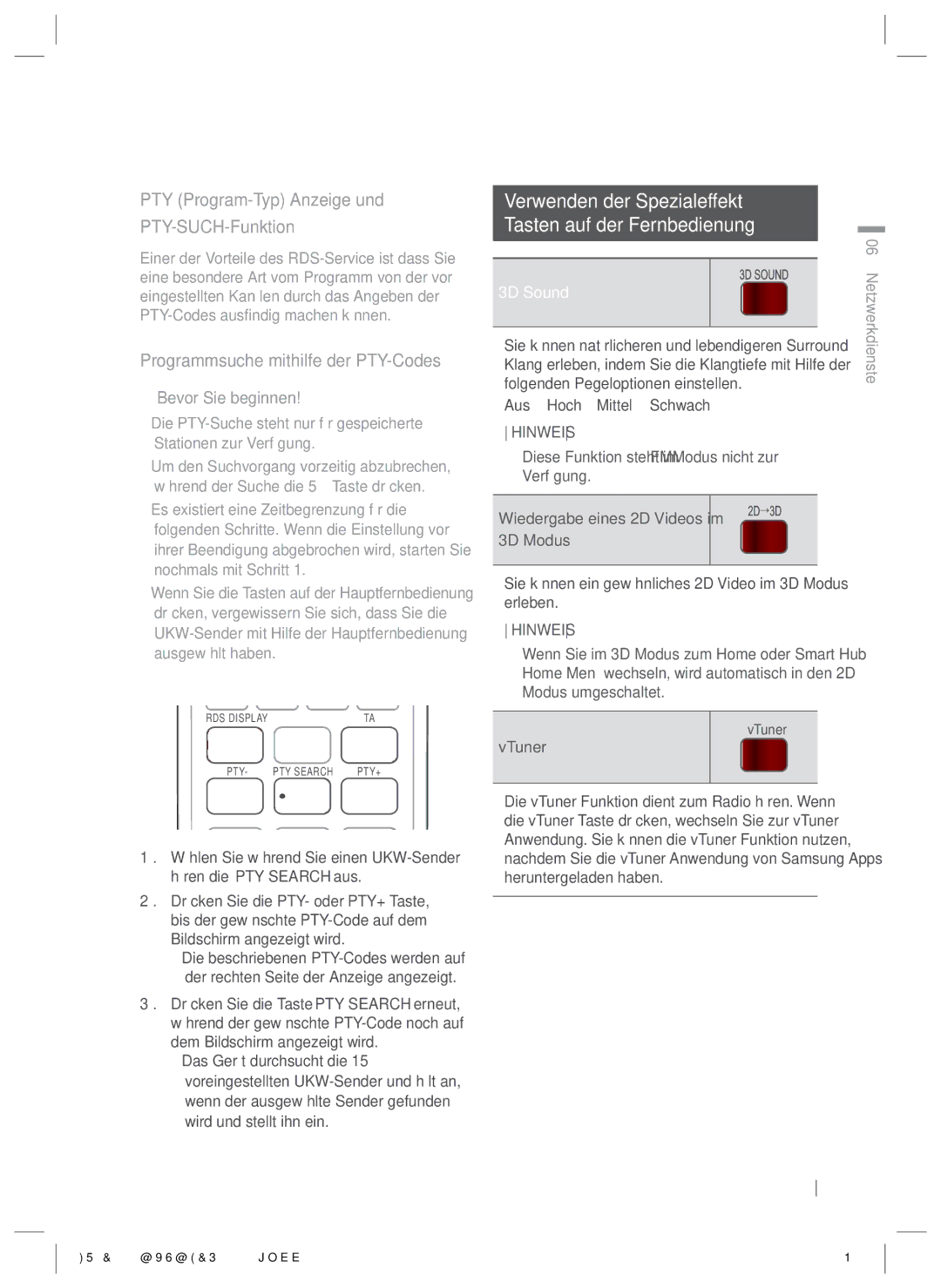 Samsung HT-E6500/EN manual Verwenden der Spezialeffekt Tasten auf der Fernbedienung, Programmsuche mithilfe der PTY-Codes 