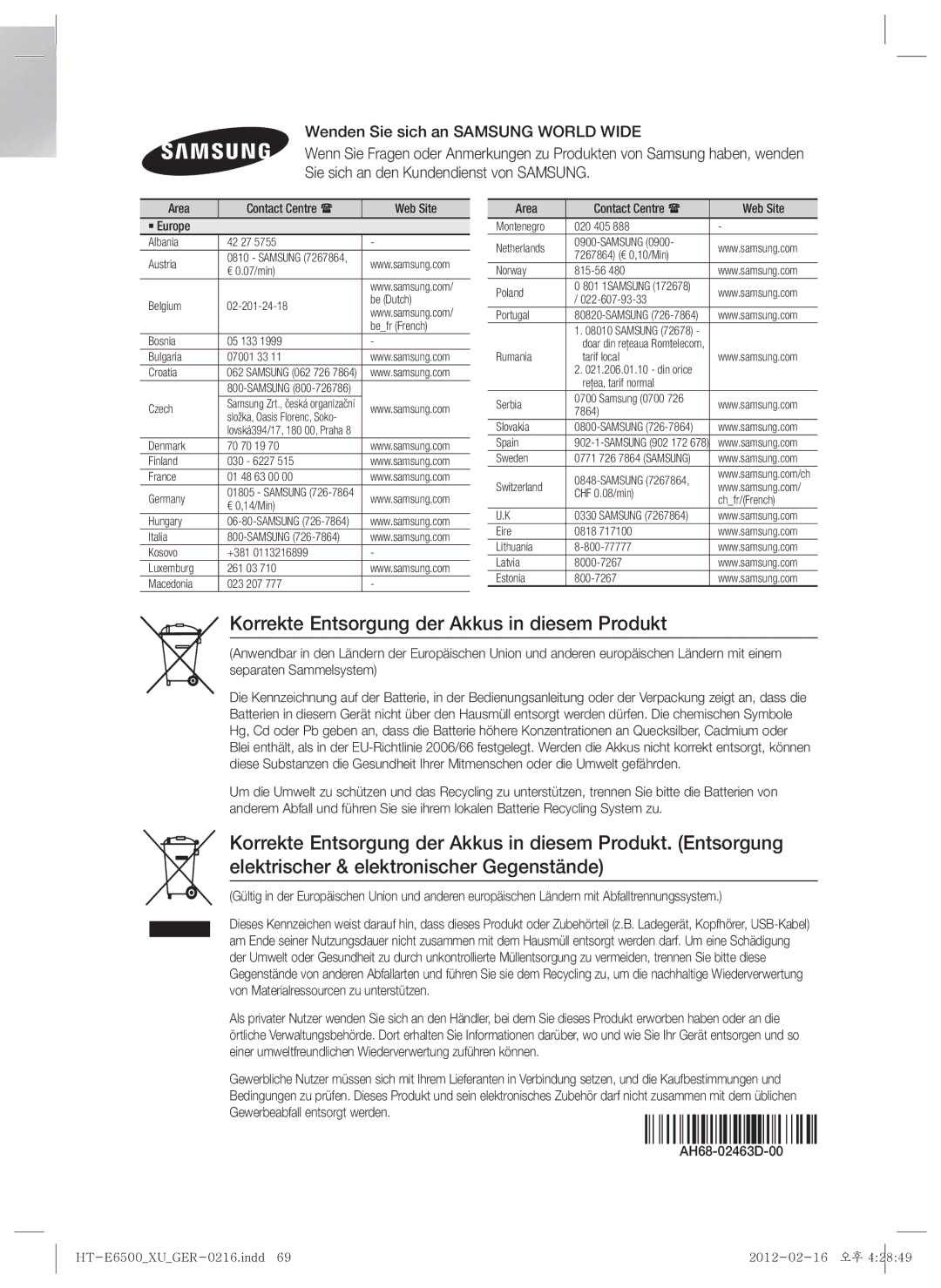 Samsung HT-E6500/EN, HT-E6500/XN Korrekte Entsorgung der Akkus in diesem Produkt, Area Contact Centre  Web Site ` Europe 