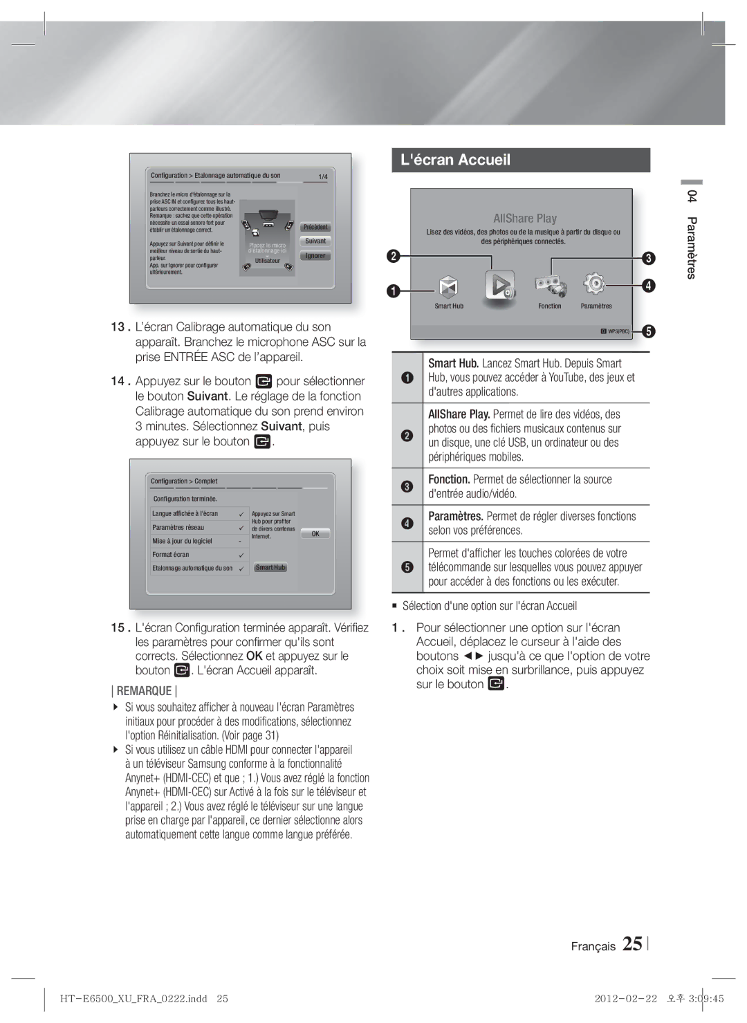 Samsung HT-E6500/EN, HT-E6500/XN manual Lécran Accueil 