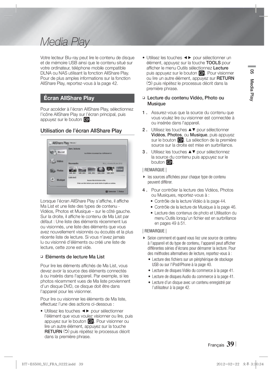 Samsung HT-E6500/EN, HT-E6500/XN manual Media Play, Écran AllShare Play, Utilisation de l’écran AllShare Play 