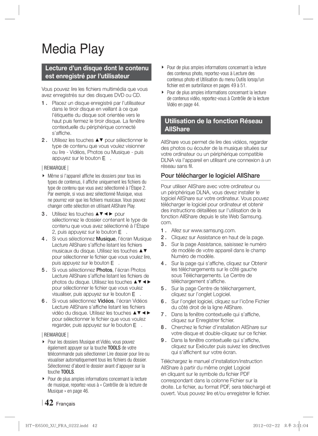 Samsung HT-E6500/XN, HT-E6500/EN manual Utilisation de la fonction Réseau AllShare, Pour télécharger le logiciel AllShare 