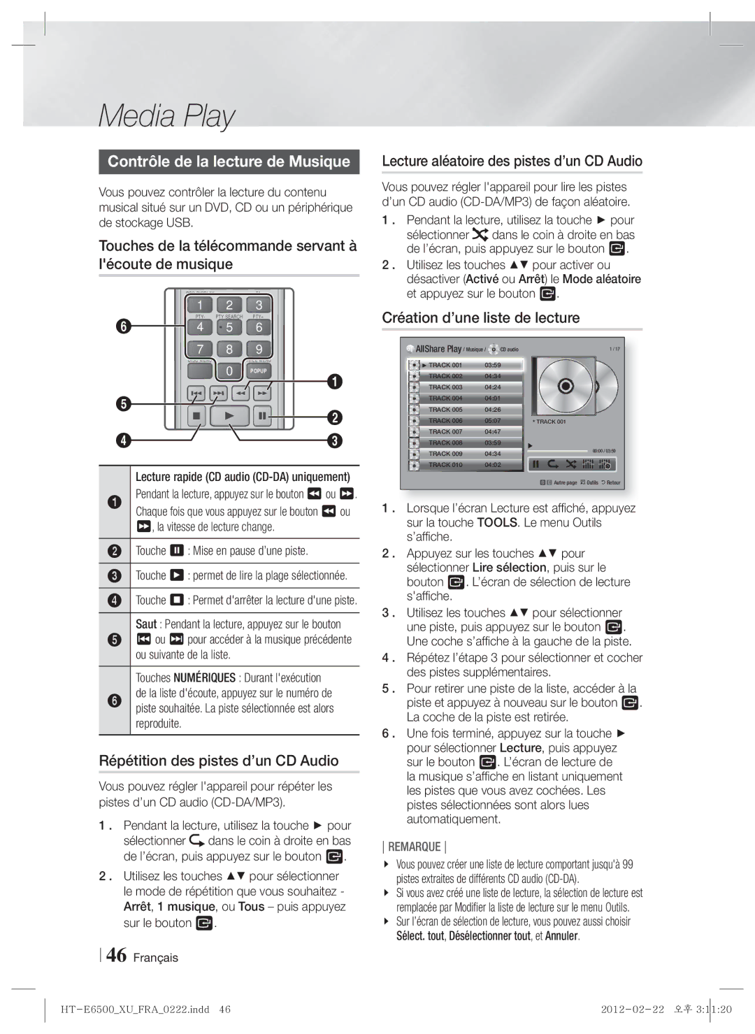 Samsung HT-E6500/XN manual Contrôle de la lecture de Musique, Touches de la télécommande servant à lécoute de musique 