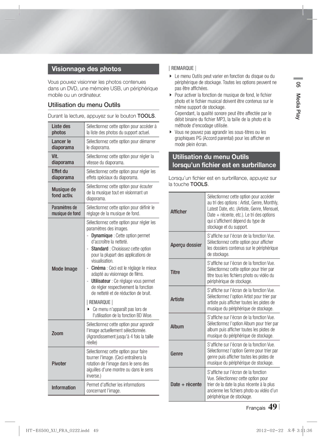 Samsung HT-E6500/EN, HT-E6500/XN manual Visionnage des photos 