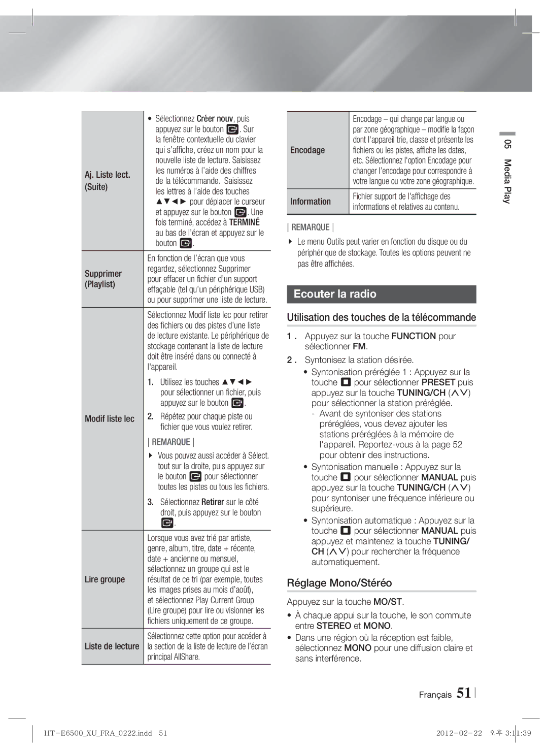 Samsung HT-E6500/EN, HT-E6500/XN manual Ecouter la radio, Réglage Mono/Stéréo, Utilisation des touches de la télécommande 