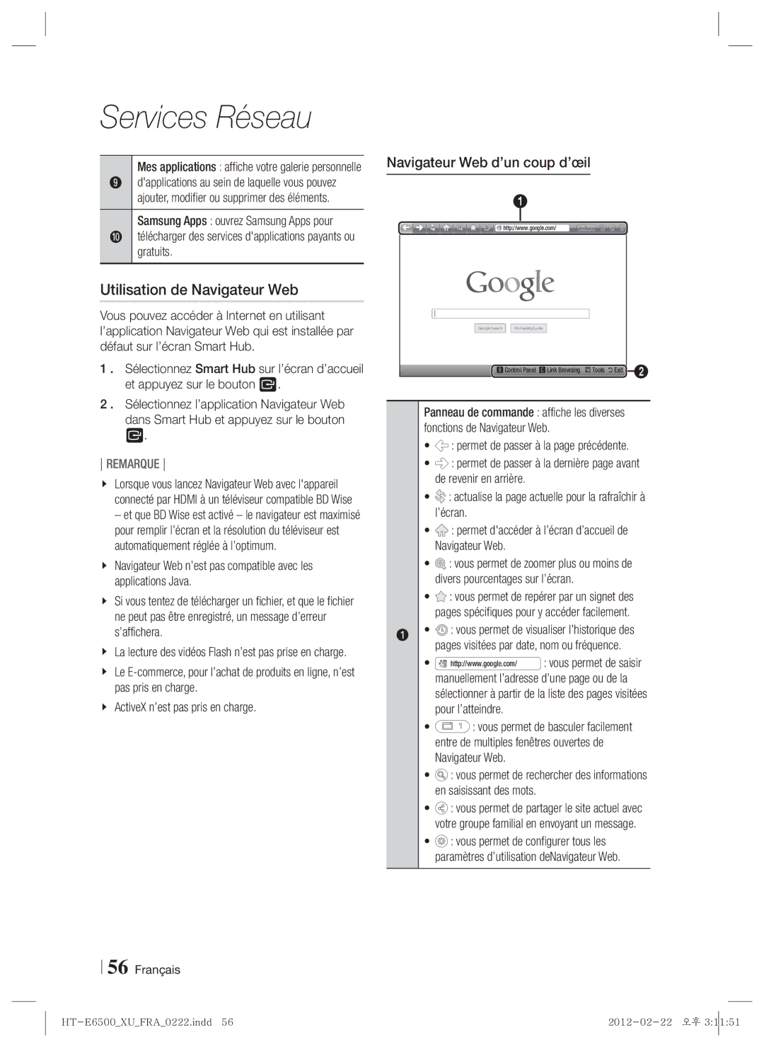 Samsung HT-E6500/XN Utilisation de Navigateur Web, Navigateur Web d’un coup d’œil, Samsung Apps ouvrez Samsung Apps pour 