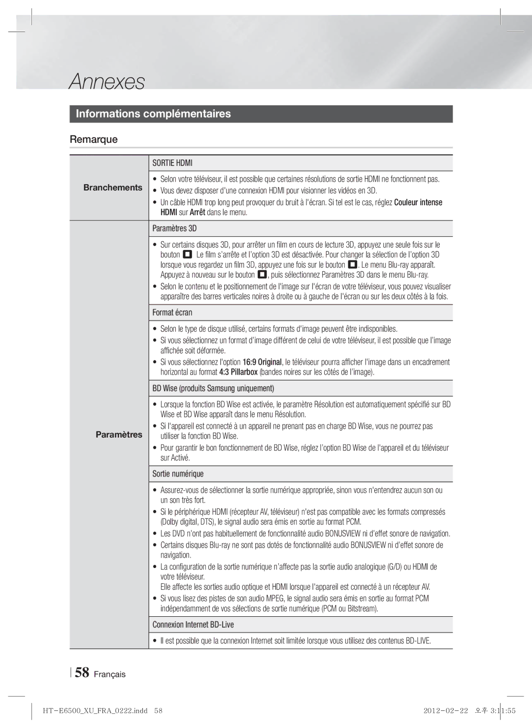 Samsung HT-E6500/XN, HT-E6500/EN manual Annexes, Informations complémentaires, Remarque, Paramètres 