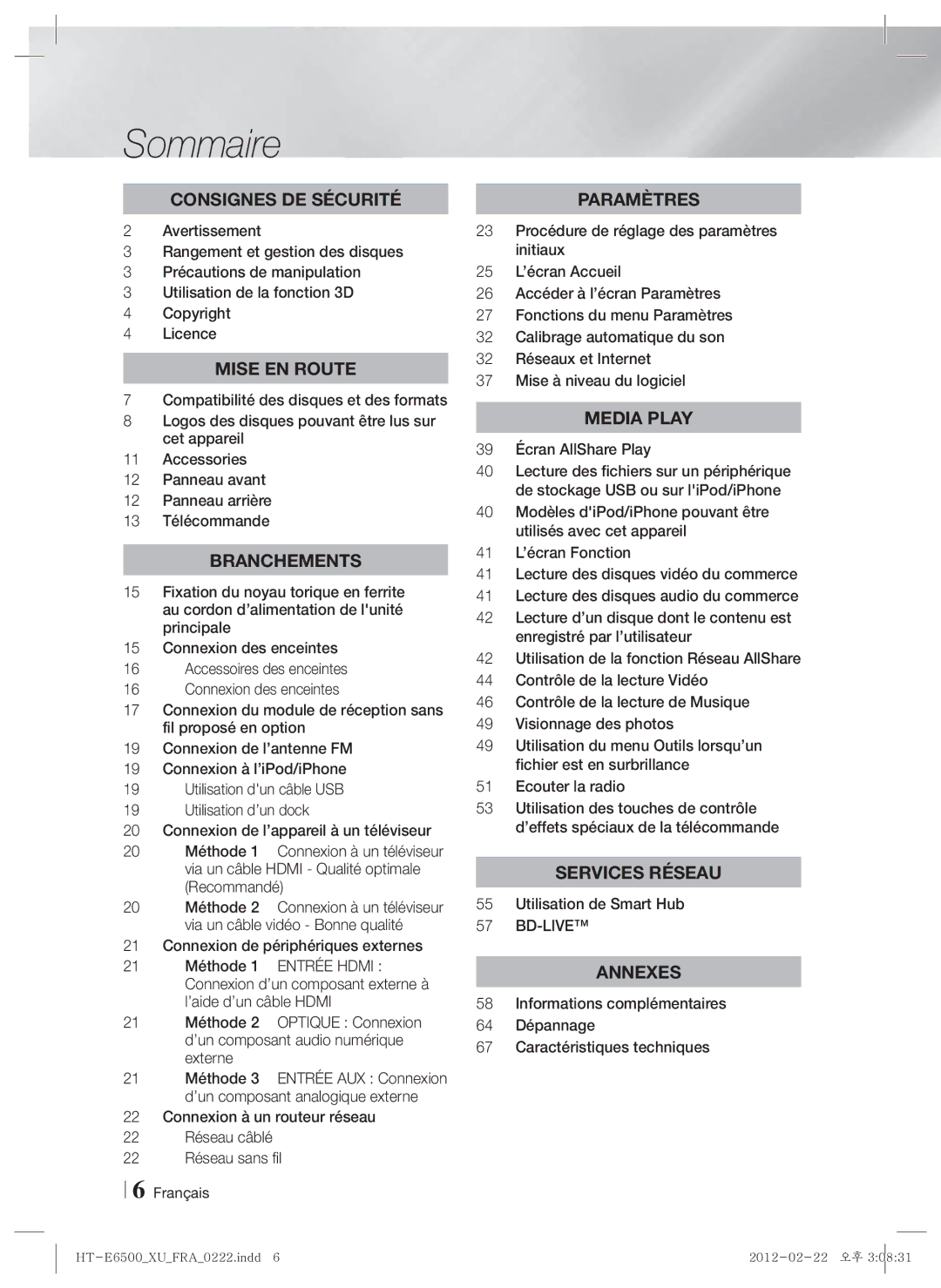 Samsung HT-E6500/XN, HT-E6500/EN manual Sommaire, 39 Écran AllShare Play, Utilisation de Smart Hub, Bd-Live 