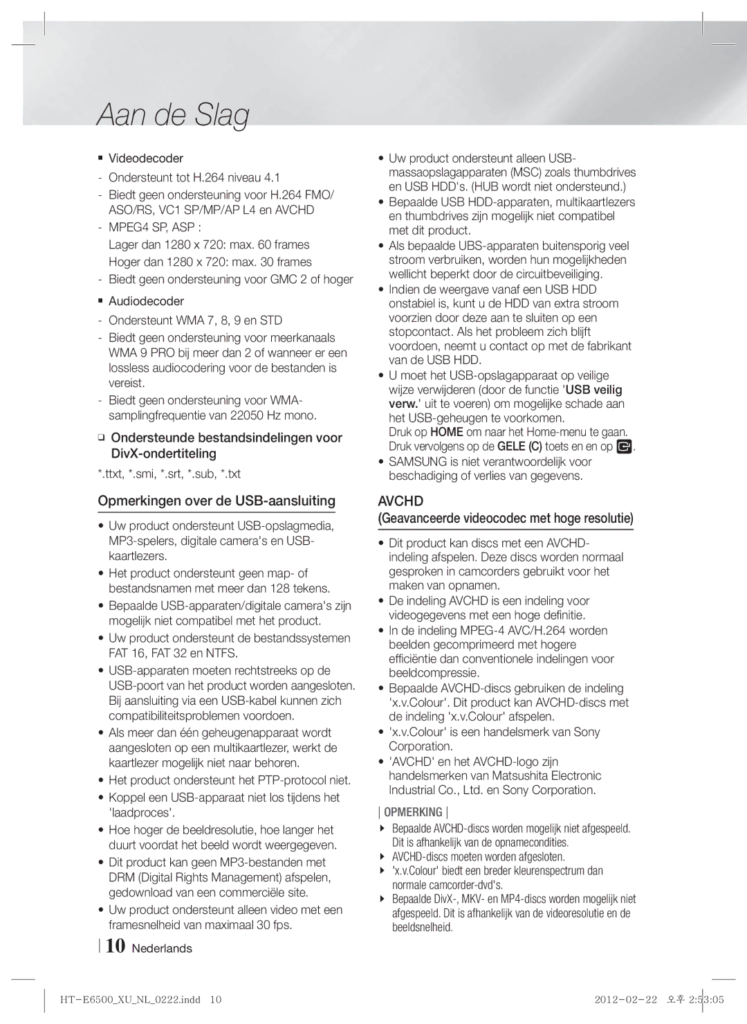 Samsung HT-E6500/EN, HT-E6500/XN manual Opmerkingen over de USB-aansluiting, Geavanceerde videocodec met hoge resolutie 