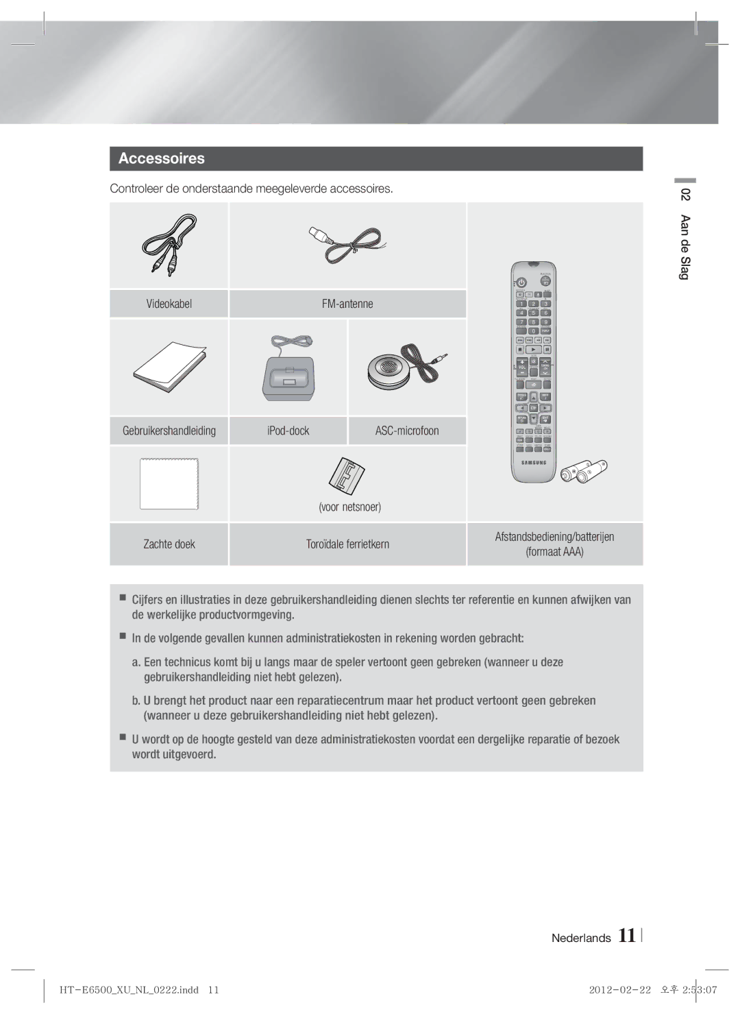 Samsung HT-E6500/XN manual Controleer de onderstaande meegeleverde accessoires, ASC-microfoon, Voor netsnoer, Formaat AAA 