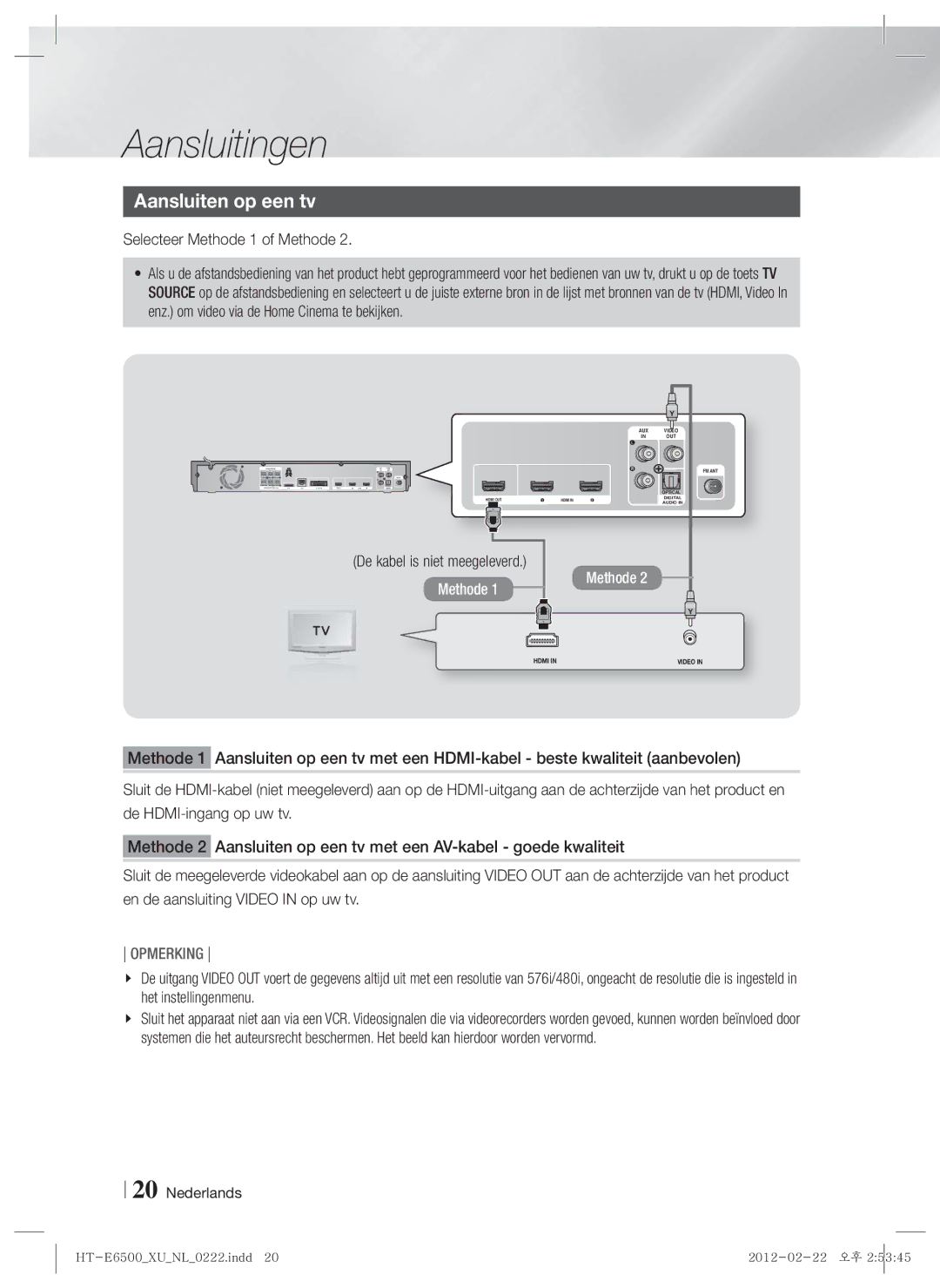 Samsung HT-E6500/EN, HT-E6500/XN manual Aansluiten op een tv, Selecteer Methode 1 of Methode, De kabel is niet meegeleverd 