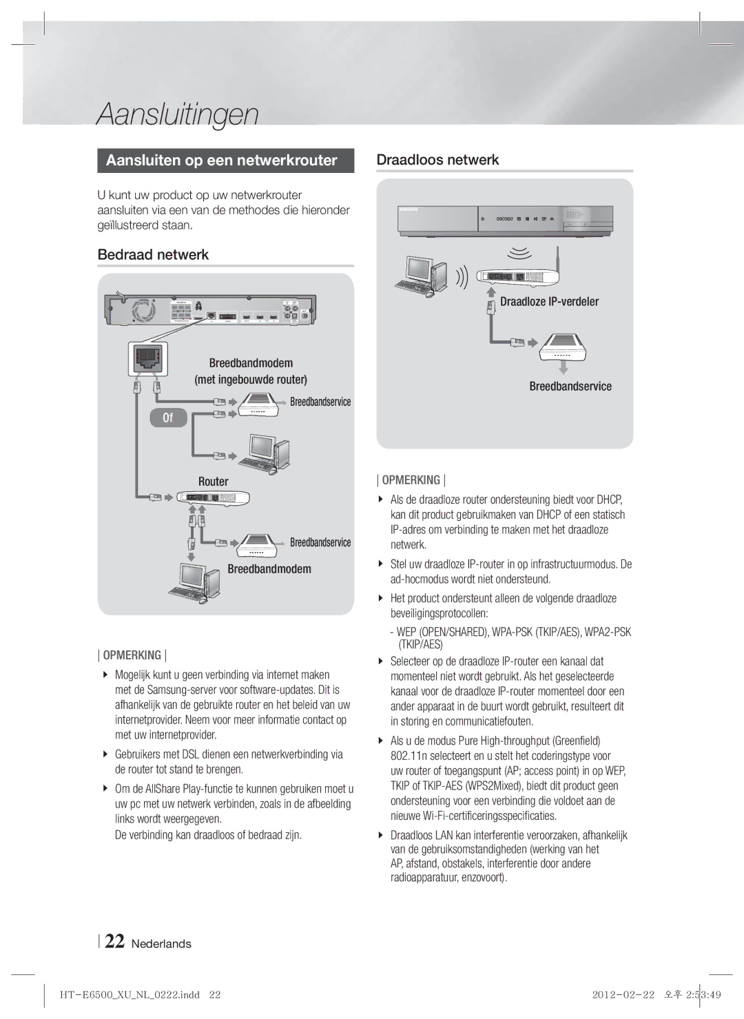 Samsung HT-E6500/EN, HT-E6500/XN manual Aansluiten op een netwerkrouter, Bedraad netwerk 