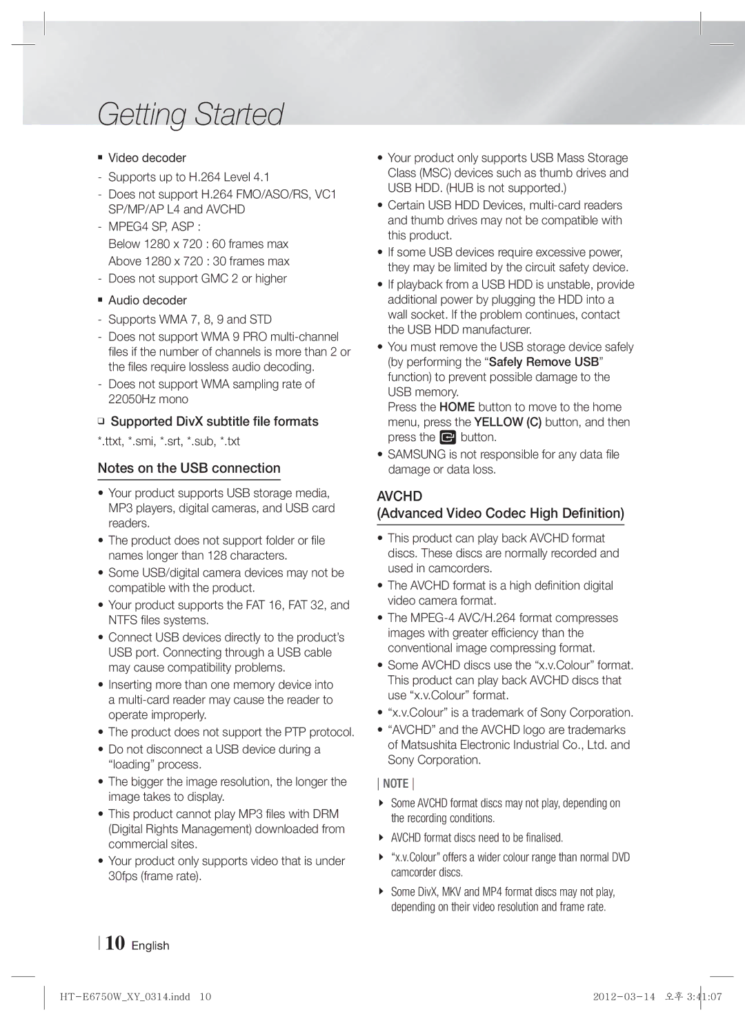 Samsung HT-E6750W user manual Advanced Video Codec High Definition, MPEG4 SP, ASP 