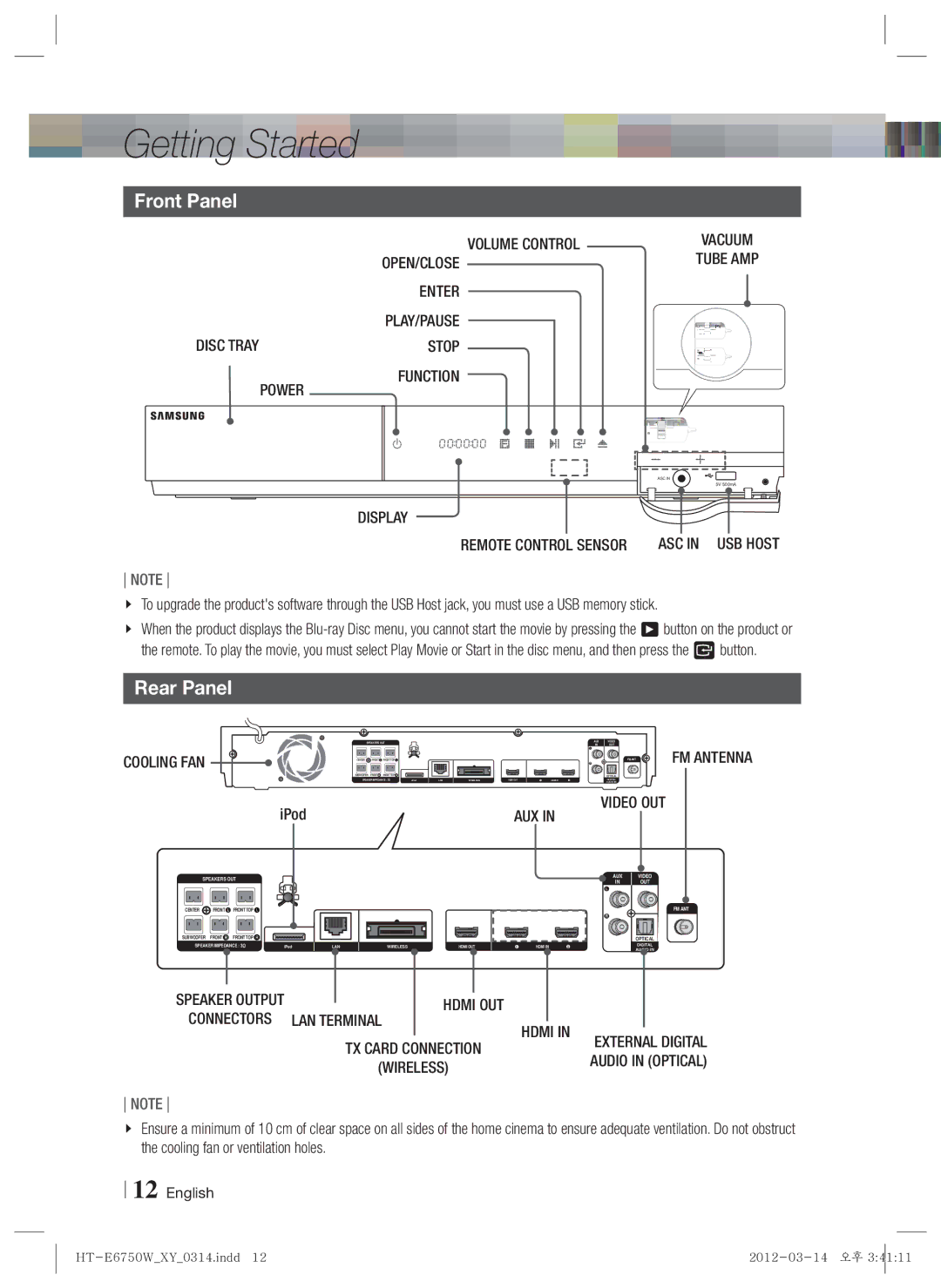 Samsung HT-E6750W user manual Front Panel, Rear Panel 