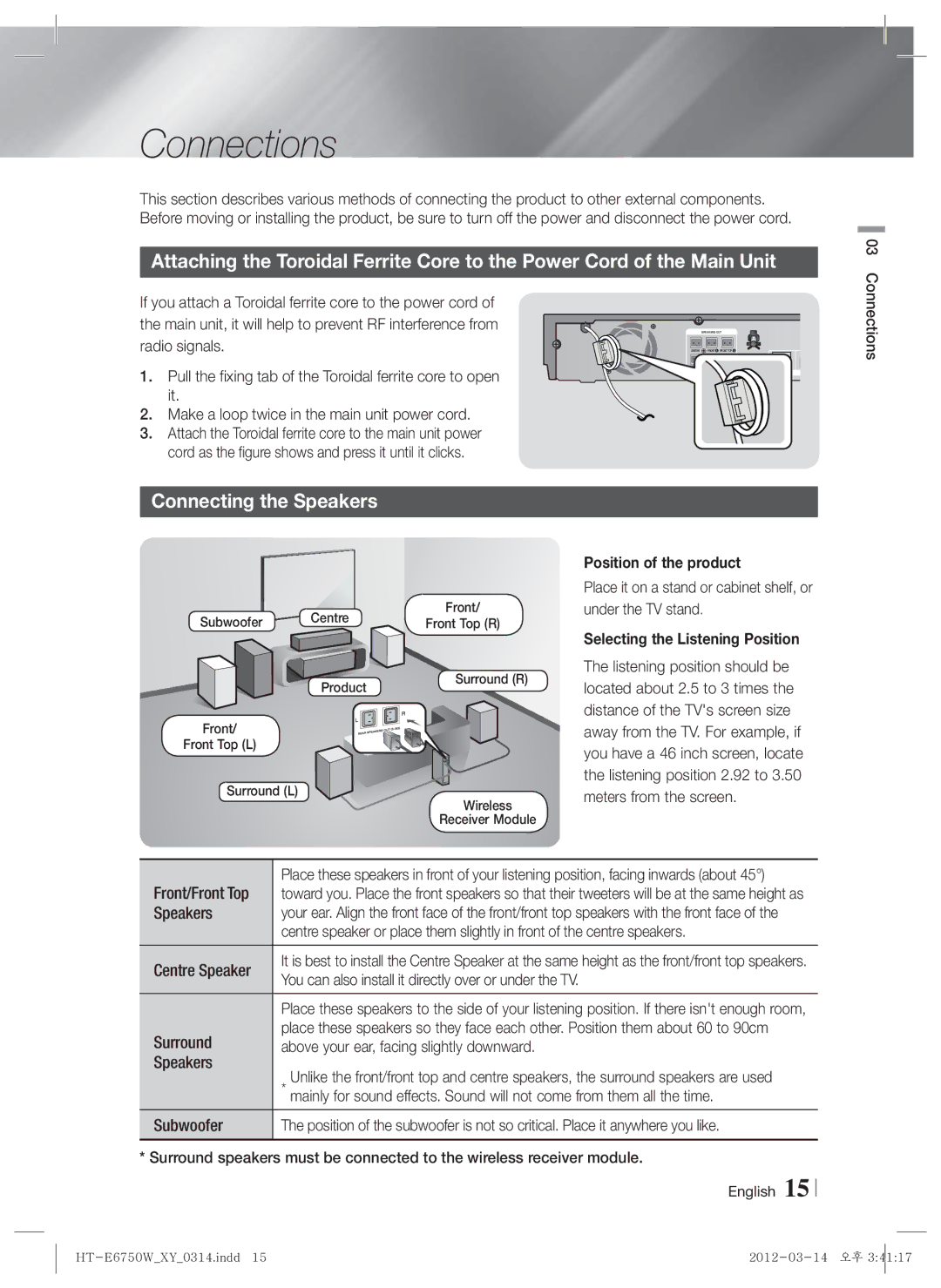 Samsung HT-E6750W user manual Connections, Connecting the Speakers, Position of the product 