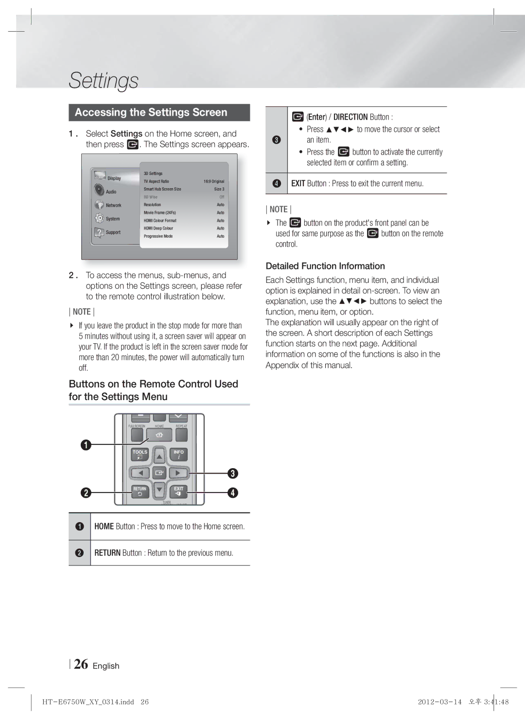 Samsung HT-E6750W user manual Accessing the Settings Screen, Buttons on the Remote Control Used for the Settings Menu 