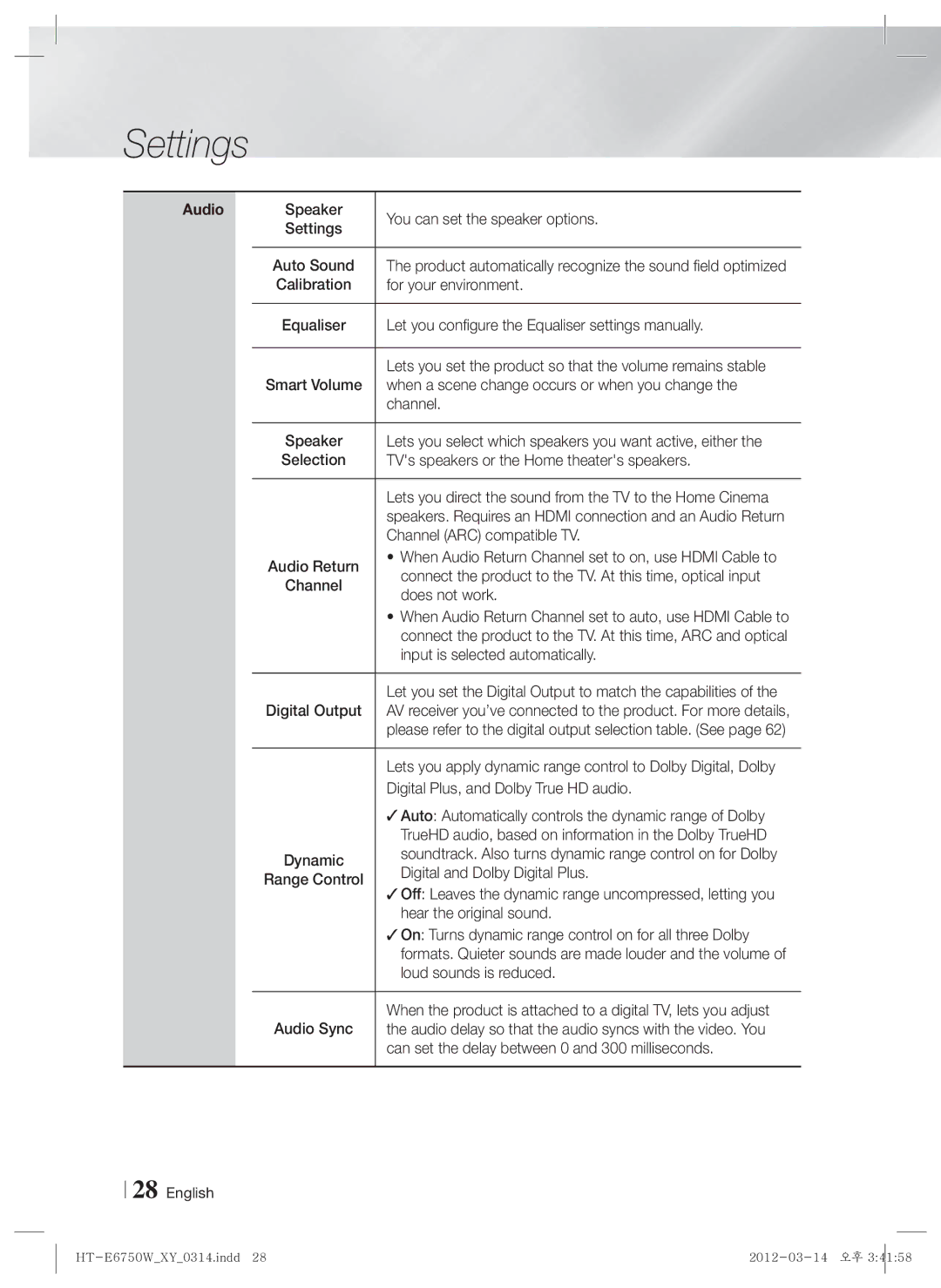 Samsung HT-E6750W user manual Audio 