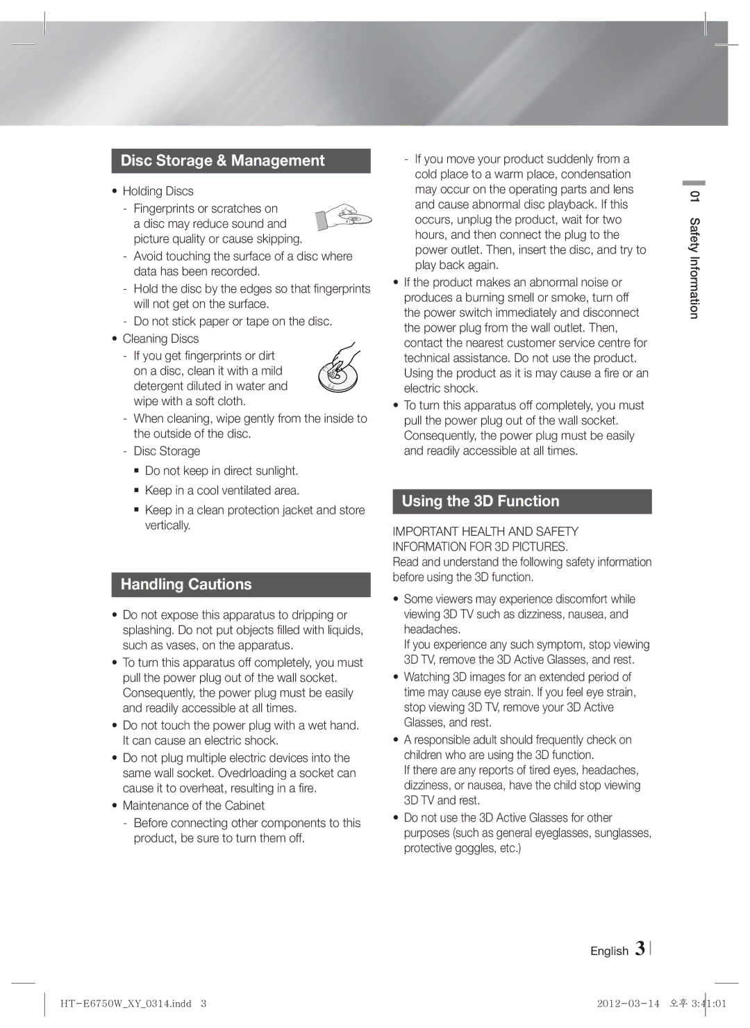 Samsung HT-E6750W user manual Disc Storage & Management, Handling Cautions, Using the 3D Function, Holding Discs 