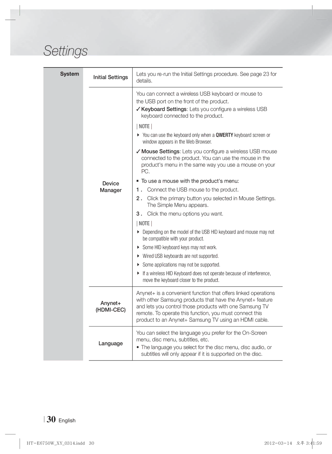 Samsung HT-E6750W user manual System, Hdmi-Cec 