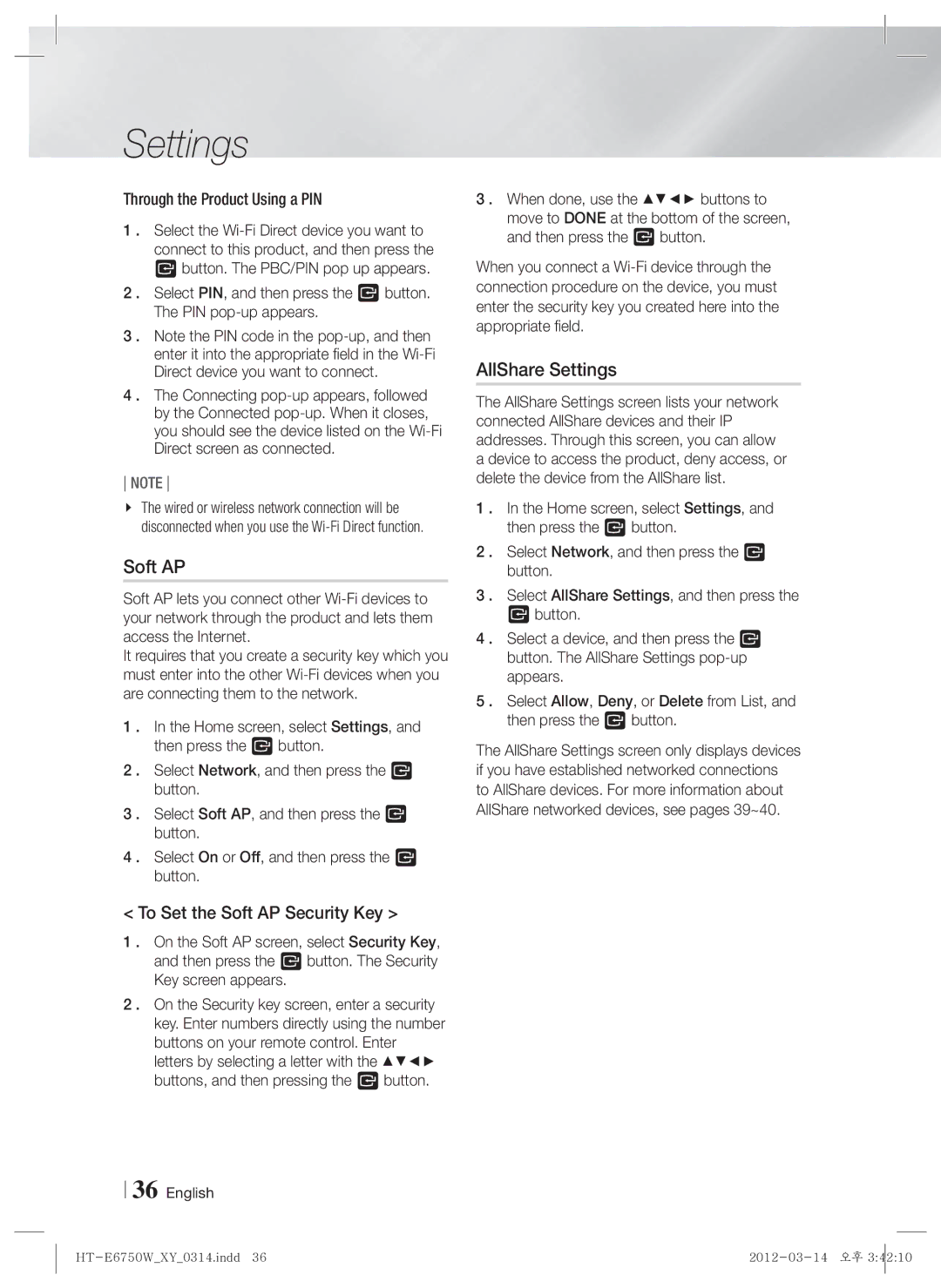 Samsung HT-E6750W user manual AllShare Settings, To Set the Soft AP Security Key 