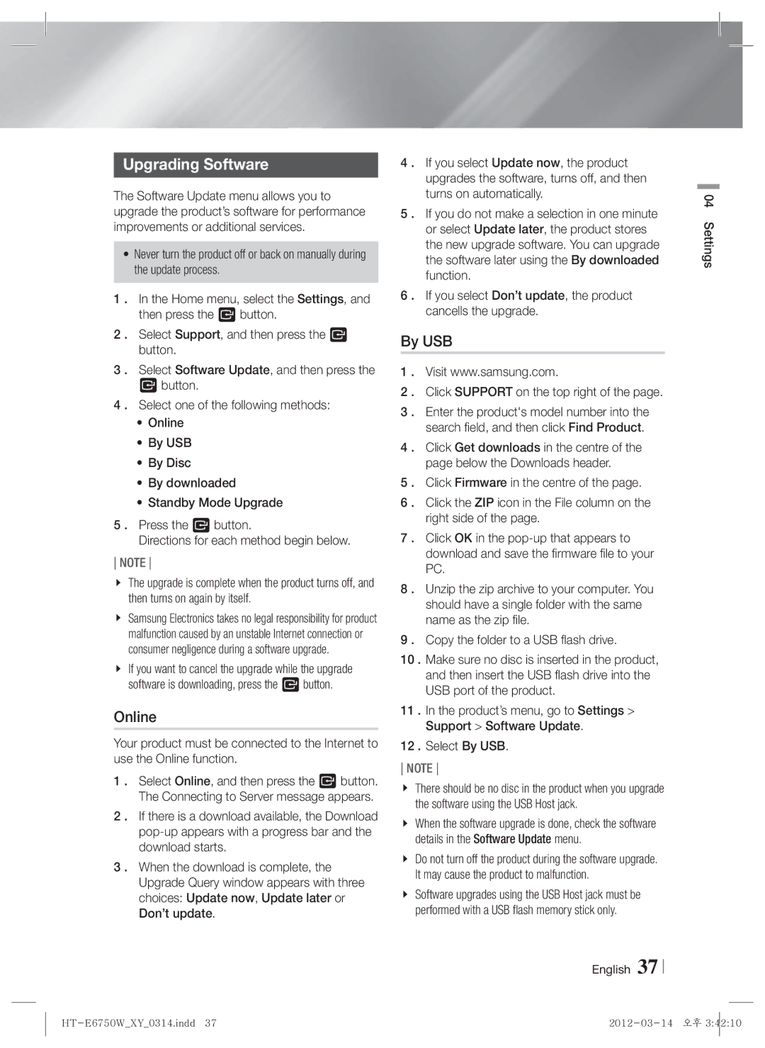 Samsung HT-E6750W user manual Upgrading Software, Online, By USB, Click Support on the top right 