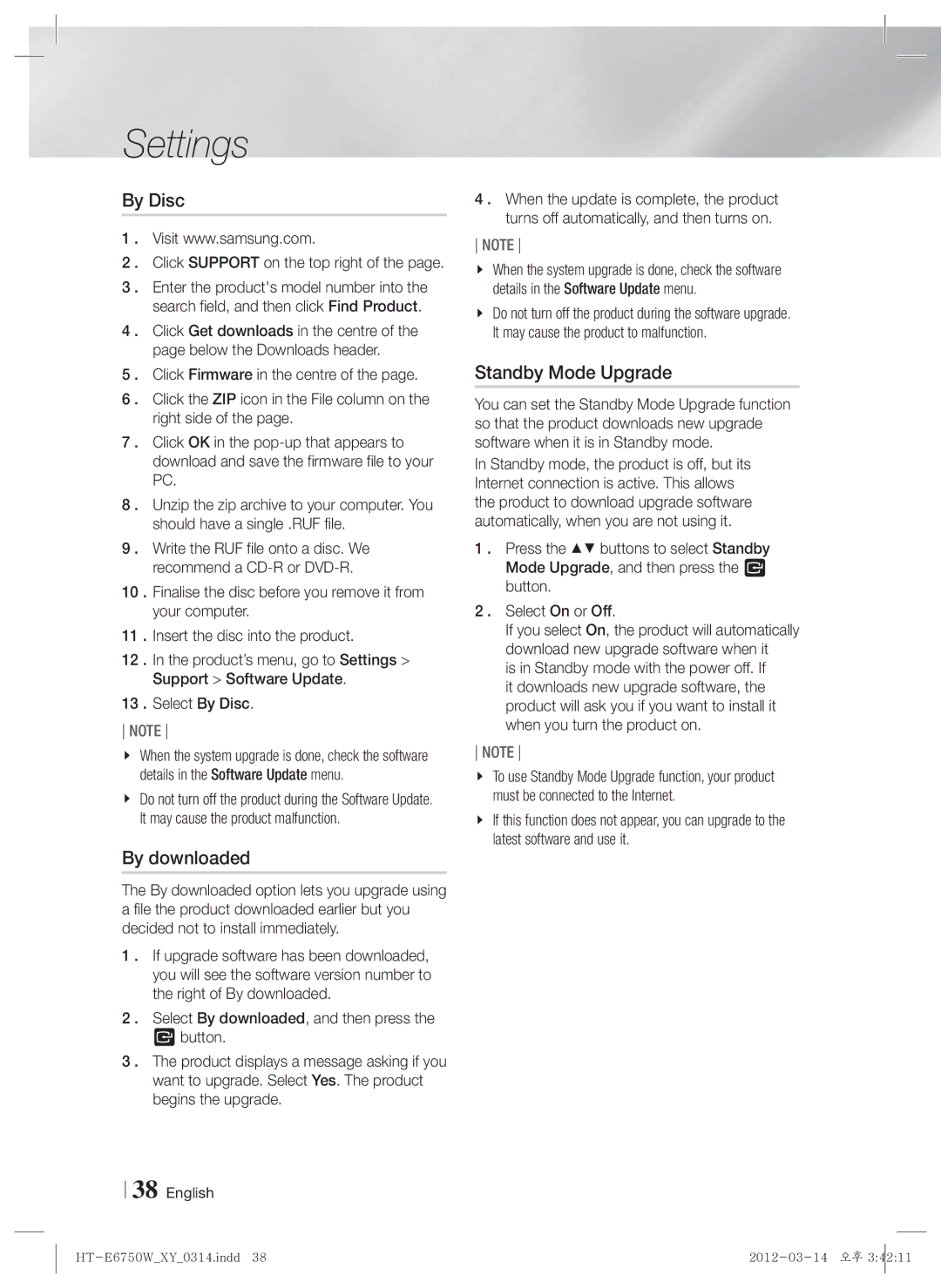 Samsung HT-E6750W user manual By Disc, By downloaded, Standby Mode Upgrade 