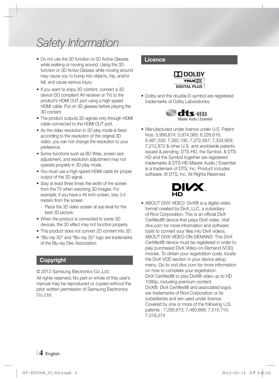 Samsung HT-E6750W user manual Copyright, Licence 