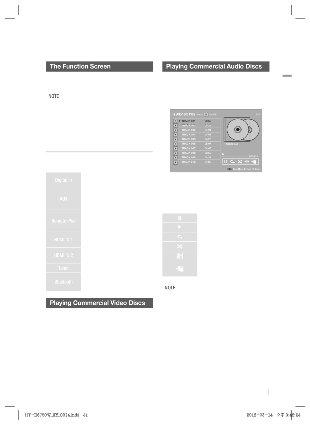 Samsung HT-E6750W Options on the Function Screen, Playing Commercial Audio Discs, Playing Commercial Video Discs 