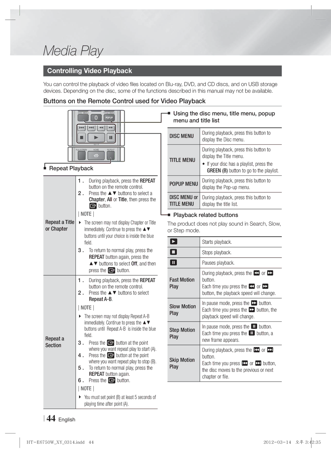 Samsung HT-E6750W Controlling Video Playback, Buttons on the Remote Control used for Video Playback, Disc Menu, Title Menu 