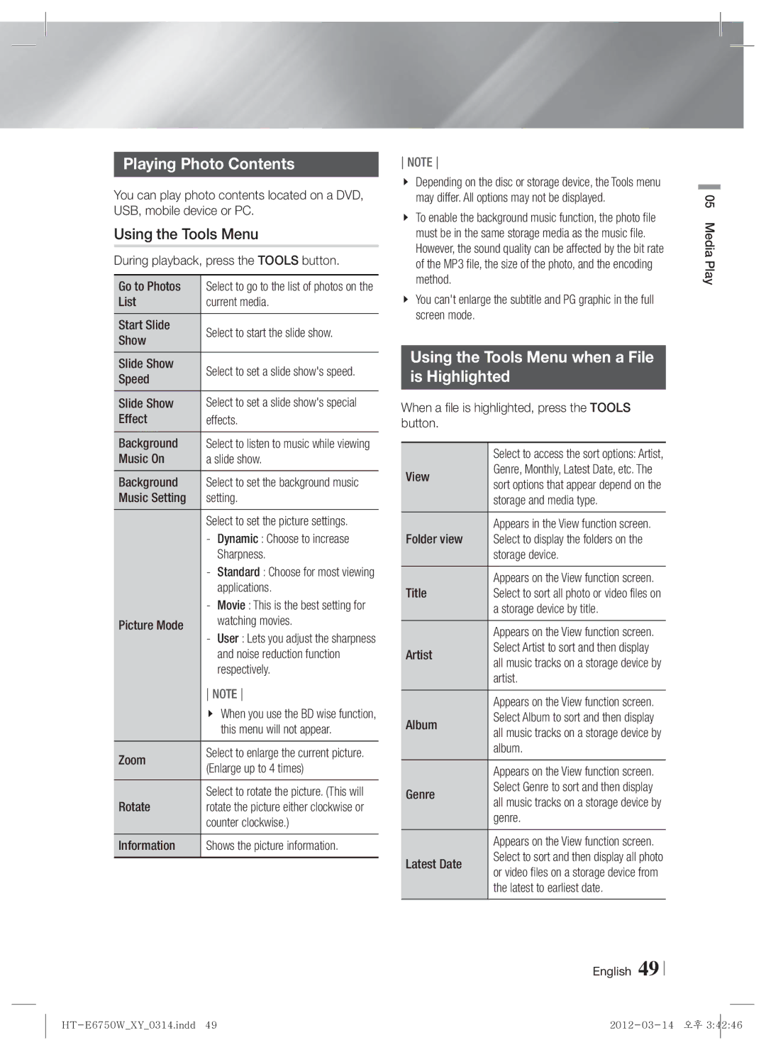 Samsung HT-E6750W user manual Playing Photo Contents, Using the Tools Menu when a File Is Highlighted 