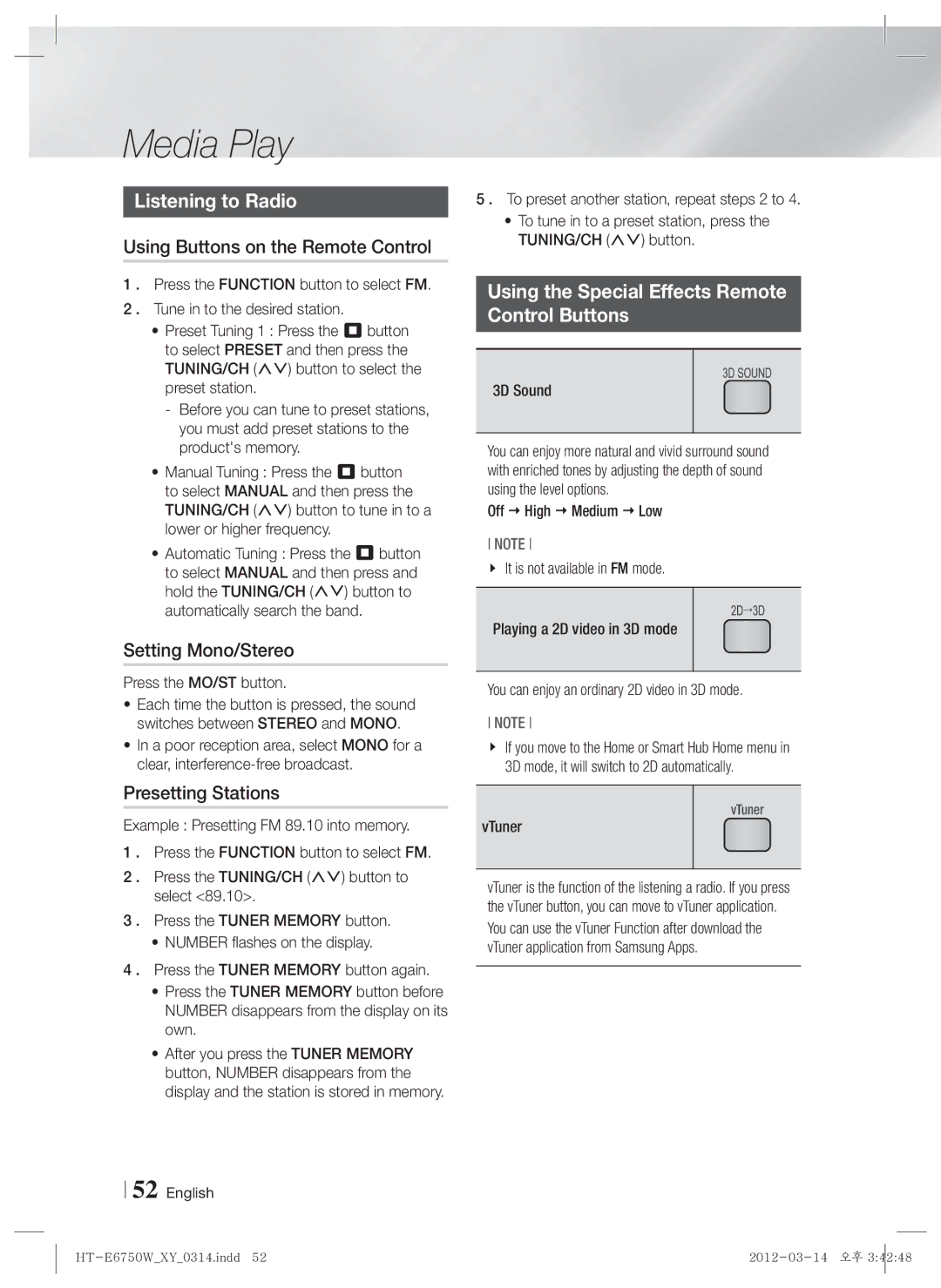 Samsung HT-E6750W Listening to Radio, Using Buttons on the Remote Control, Setting Mono/Stereo, Presetting Stations 
