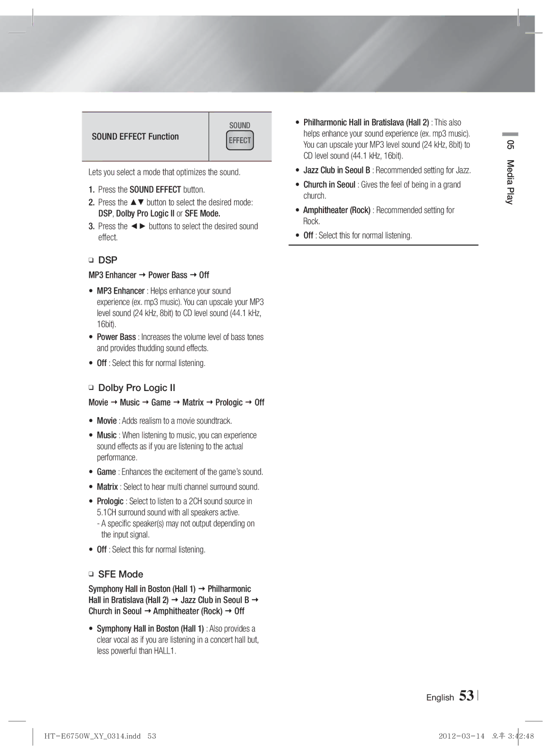 Samsung HT-E6750W user manual Dsp 