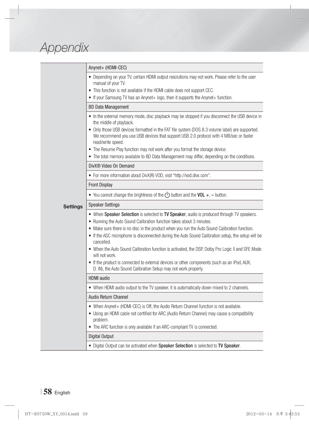 Samsung HT-E6750W user manual Speaker Settings 