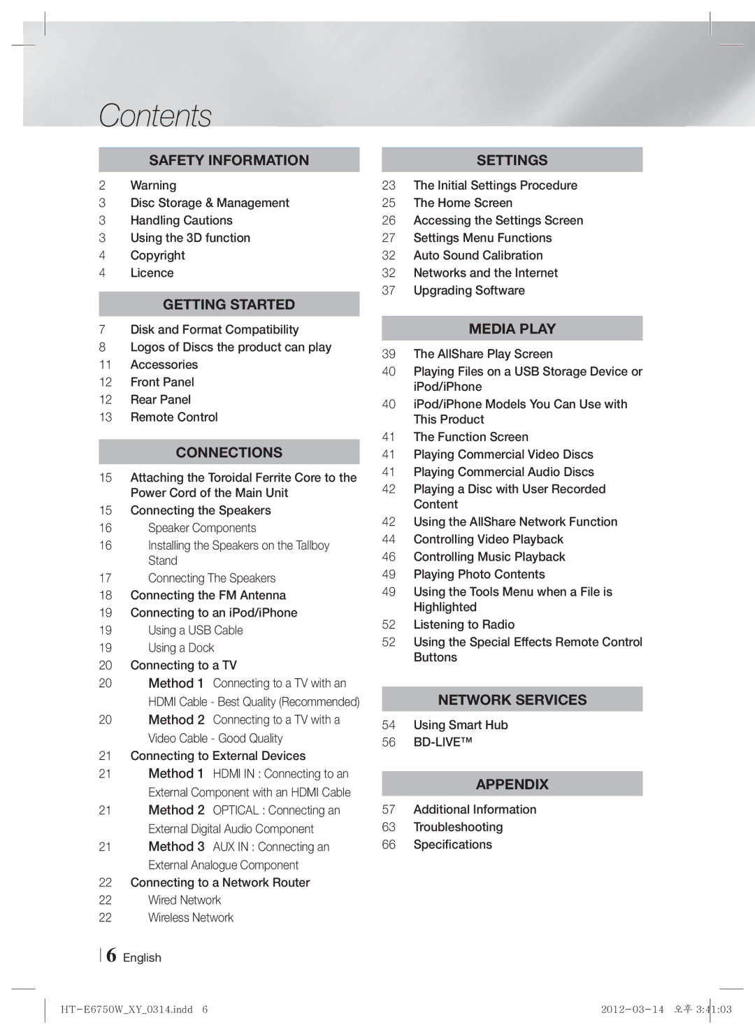 Samsung HT-E6750W user manual Contents 