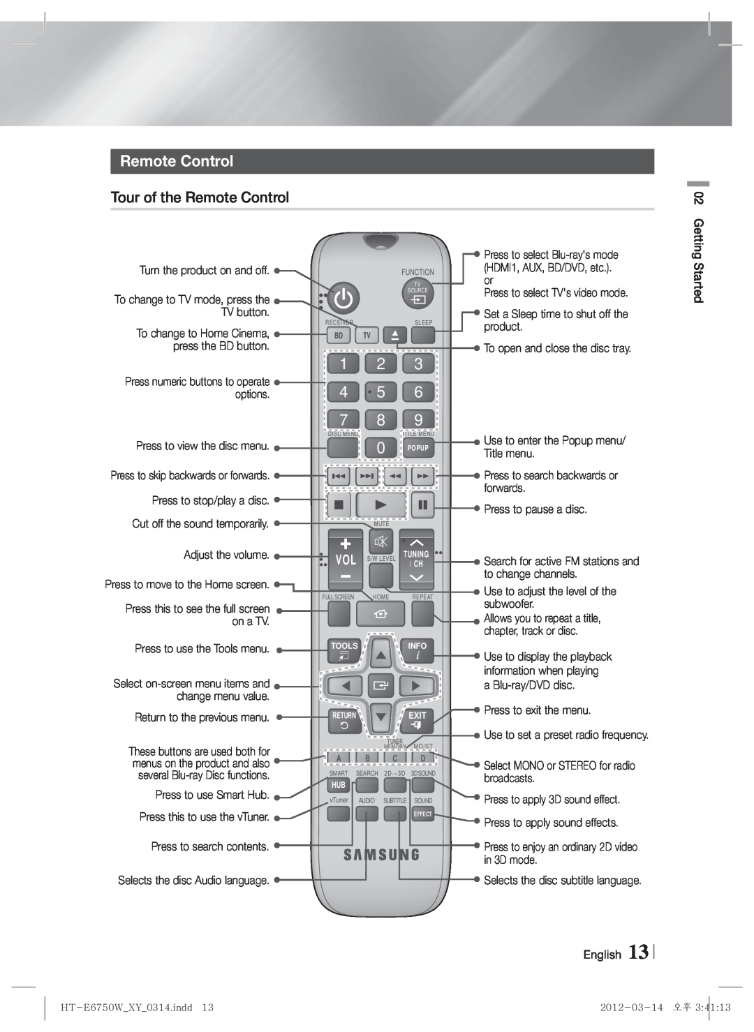 Samsung HT-E6750W Remote Control, 3 6, Turn the product on and off, To change to TV mode, press the TV button, options 