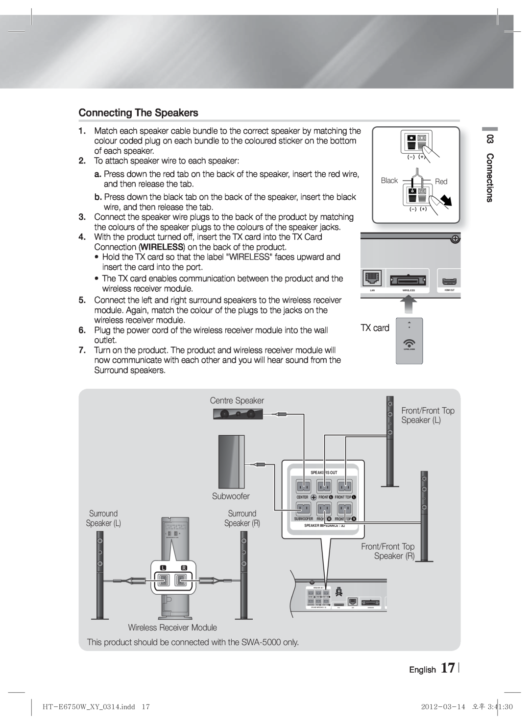 Samsung HT-E6750W user manual Connecting The Speakers, Speaker L, Front/Front Top, Speaker R 