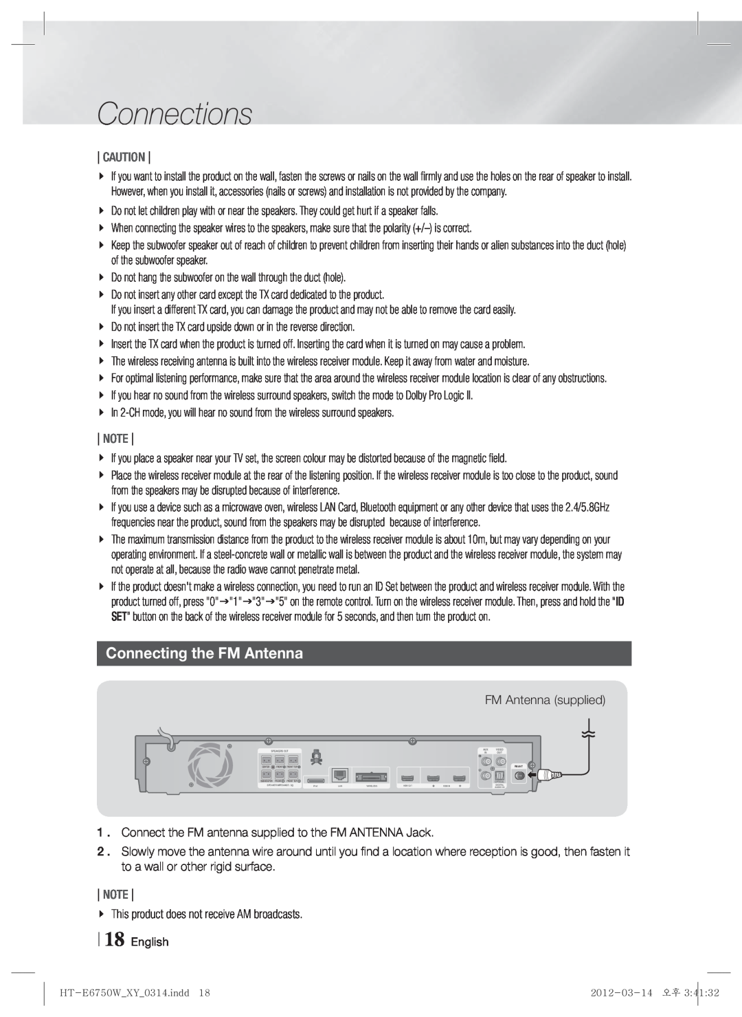 Samsung HT-E6750W user manual Connecting the FM Antenna, Connections, Caution, Note 