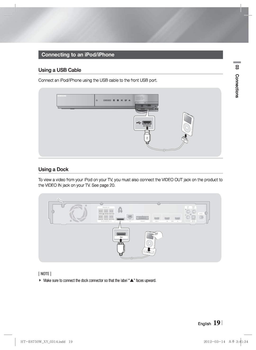 Samsung HT-E6750W user manual Connecting to an iPod/iPhone, Using a USB Cable, Using a Dock, Note 