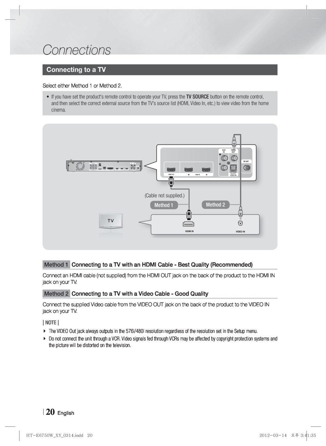 Samsung HT-E6750W user manual Connecting to a TV, Connections, Method, Note 