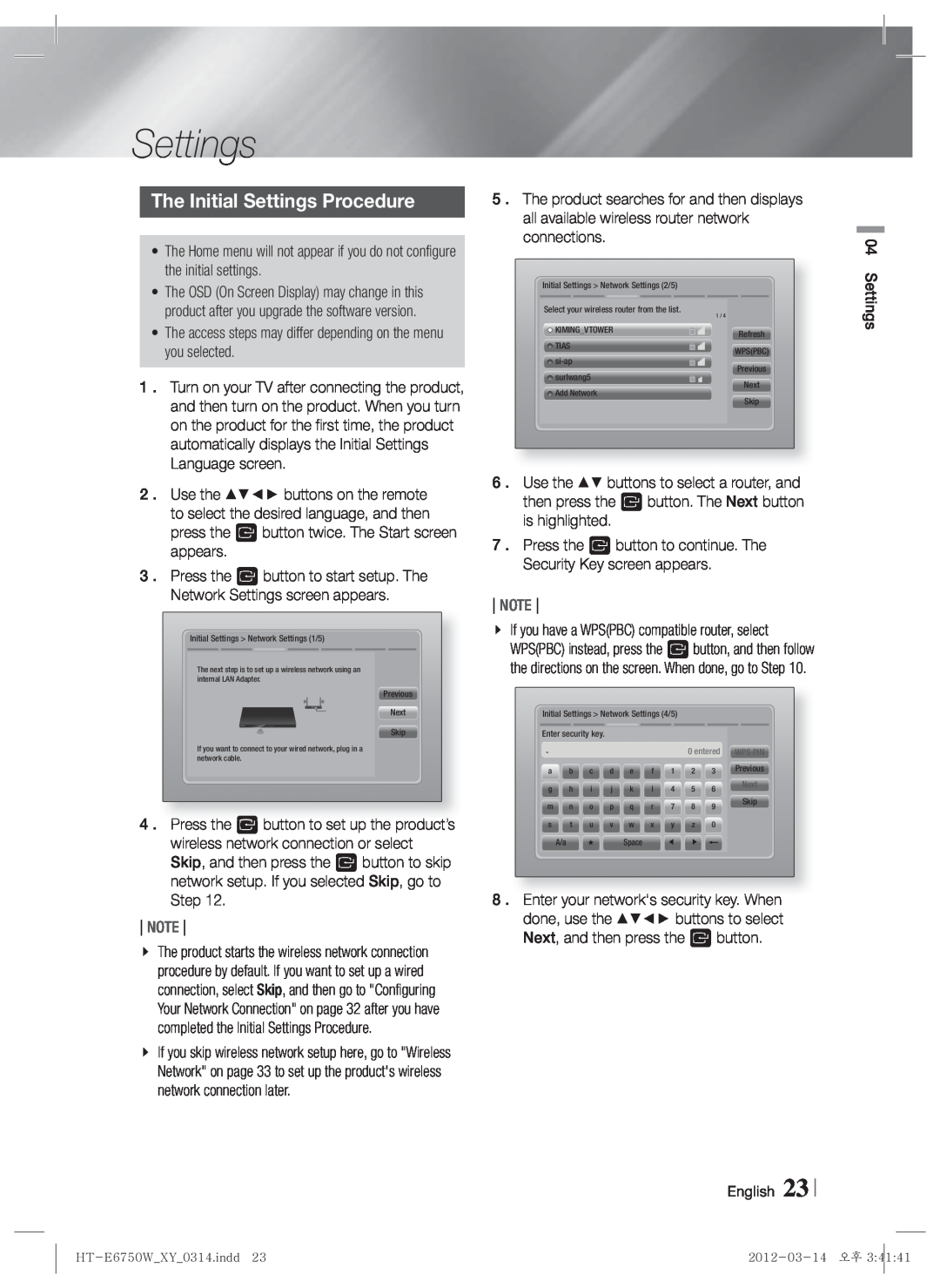 Samsung HT-E6750W user manual The Initial Settings Procedure, Note 