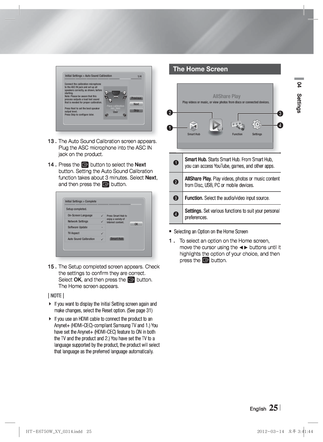 Samsung HT-E6750W user manual The Home Screen, AllShare Play, Note, Settings, English 25 