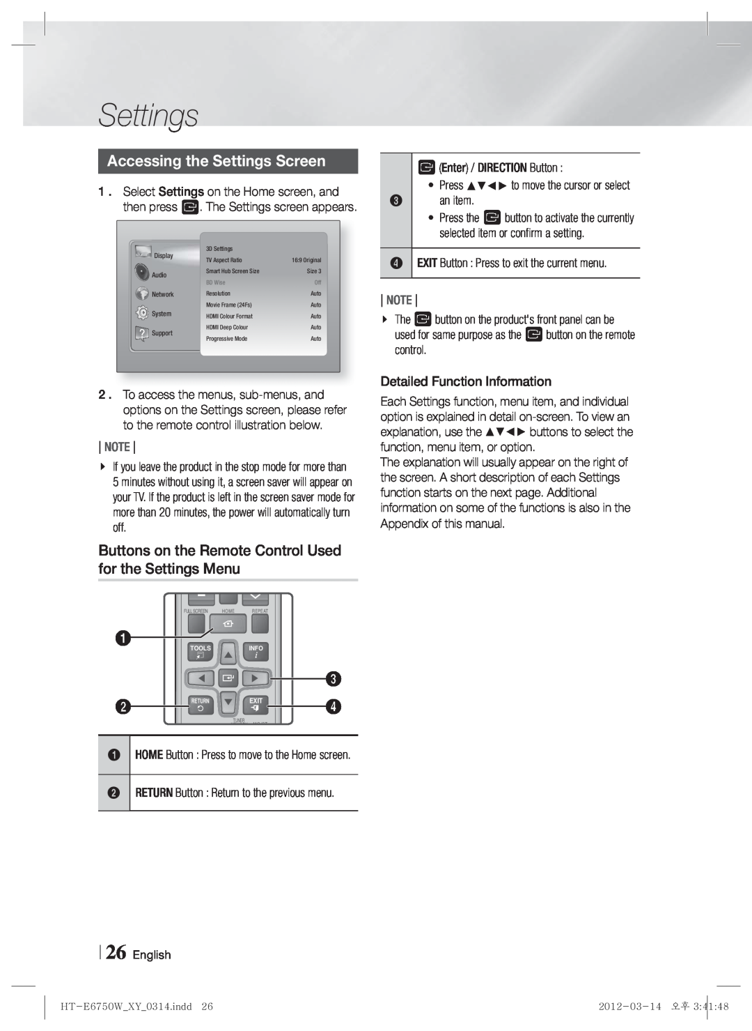 Samsung HT-E6750W user manual Accessing the Settings Screen, Note, 26 English 