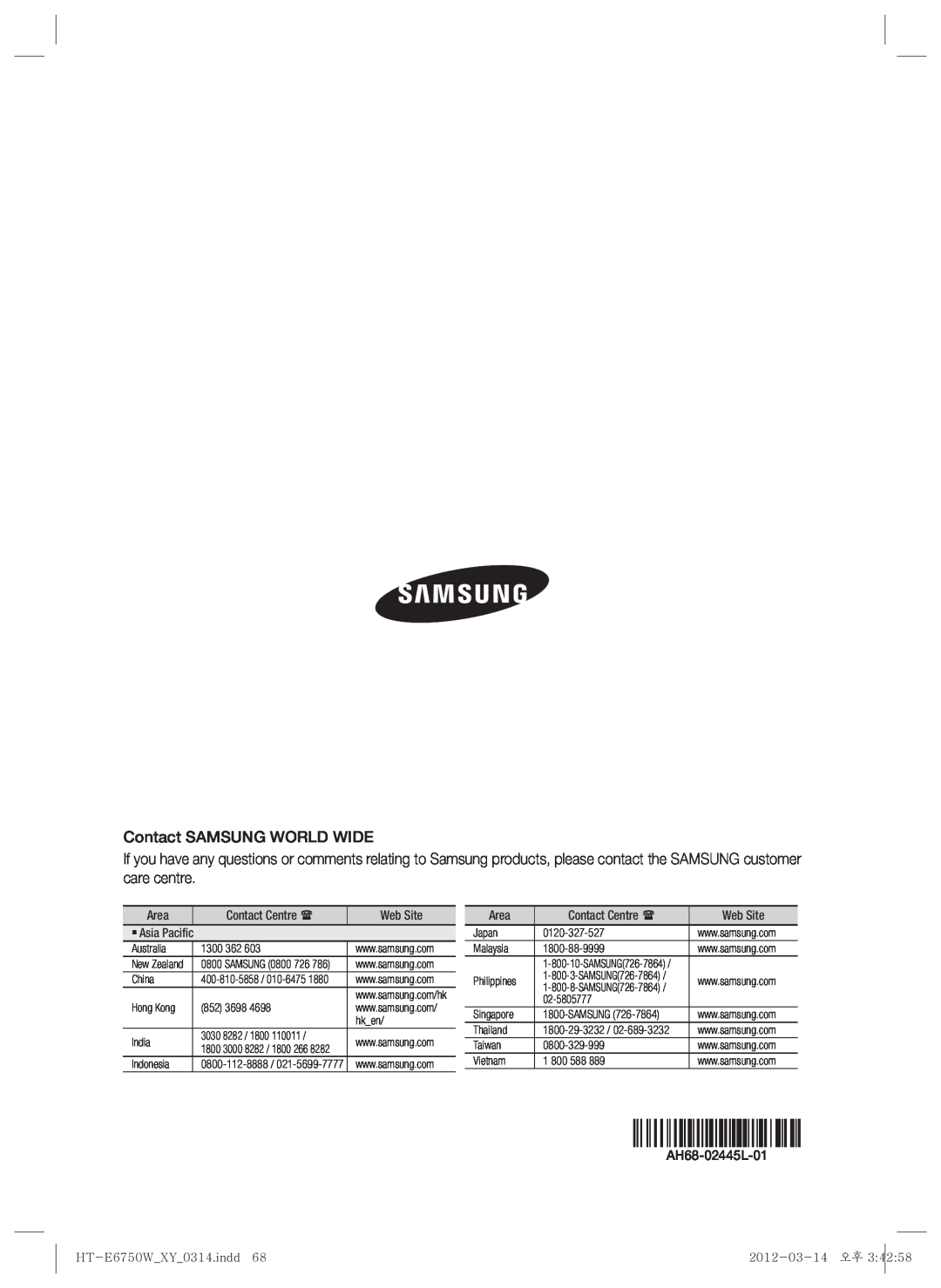 Samsung HT-E6750W user manual Contact SAMSUNG WORLD WIDE, Area, Contact Centre , Web Site, `Asia Pacific, AH68-02445L-01 