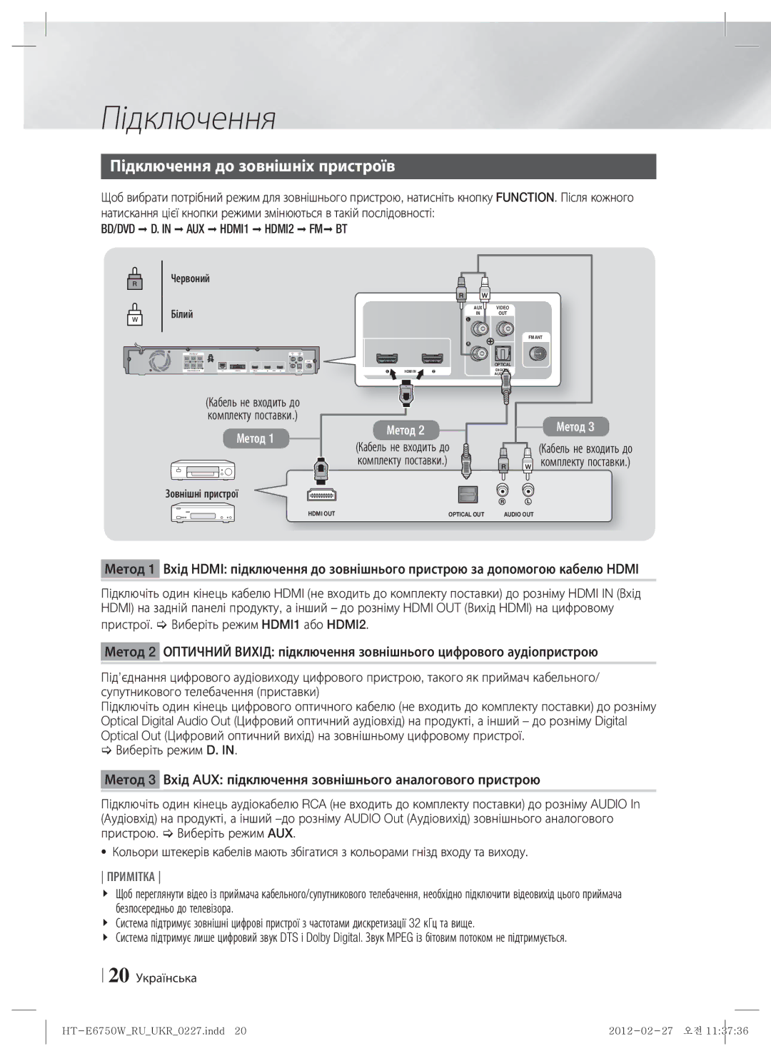 Samsung HT-E6750W/RU manual Підключення до зовнішніх пристроїв, 20 Українська, Білий, Зовнішні пристрої 