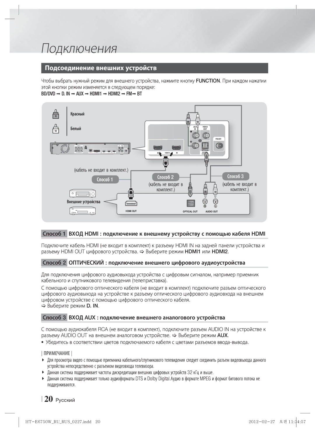 Samsung HT-E6750W/RU manual Подсоединение внешних устройств, BD/DVD D. in AUX HDMI1 HDMI2 FM BT, Внешние устройства 