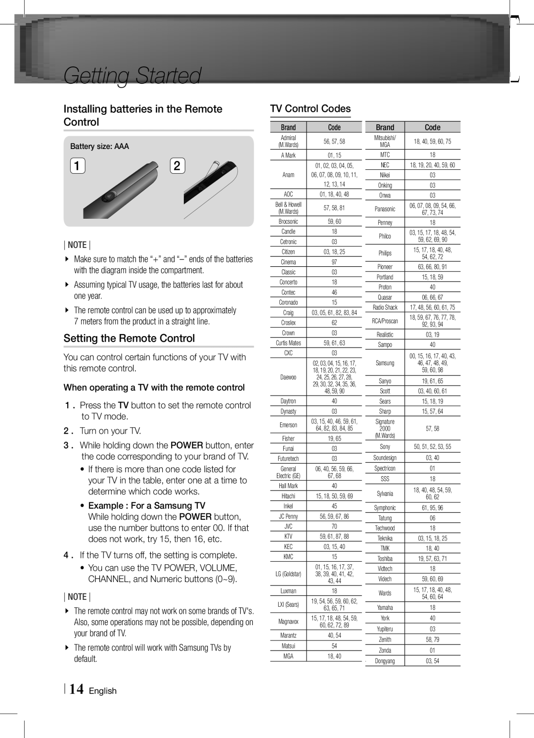 Samsung HT-E6750W/SQ manual Installing batteries in the Remote Control, Setting the Remote Control, TV Control Codes 